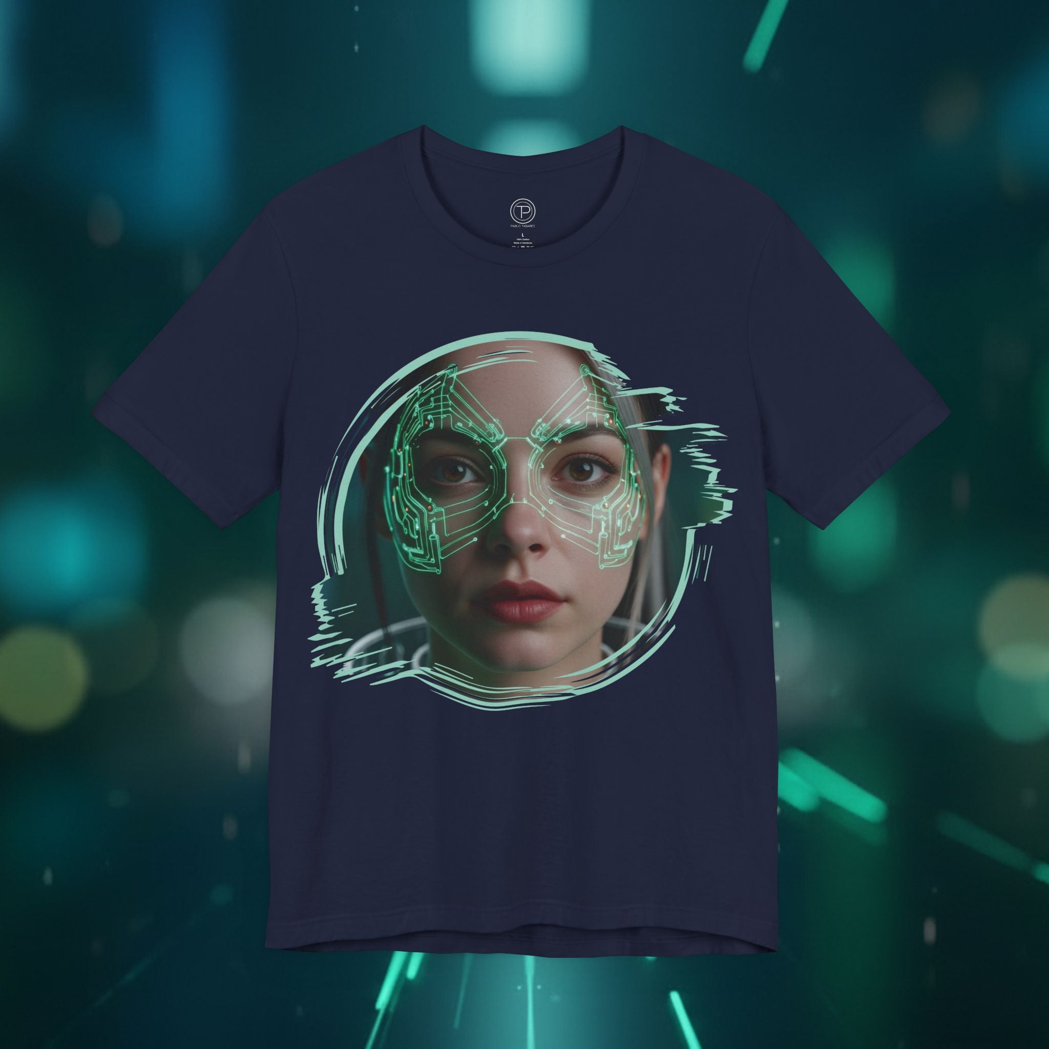Cybernetic Portrait Tee — Futuristic Neon Circuit Face Graphic Shirt - Green Cyborg Woman