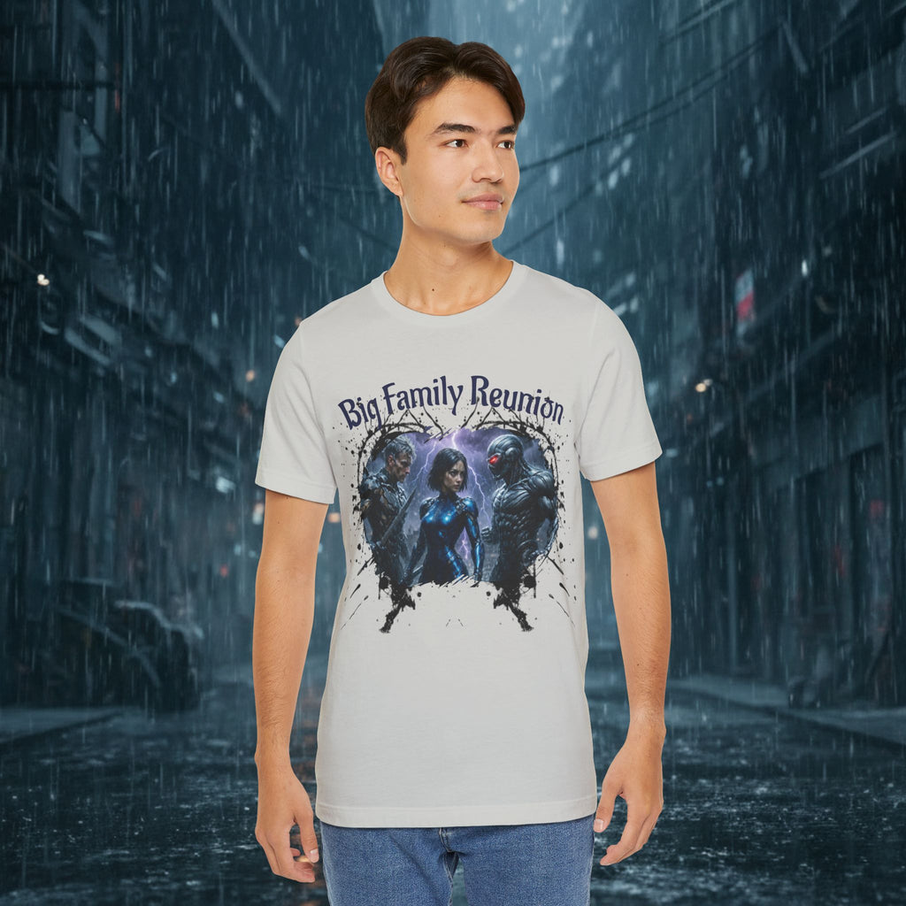T-Shirt — "Big Family Reunion" Sci‑Fi Character Heart Graphic Tee - Battle Suits