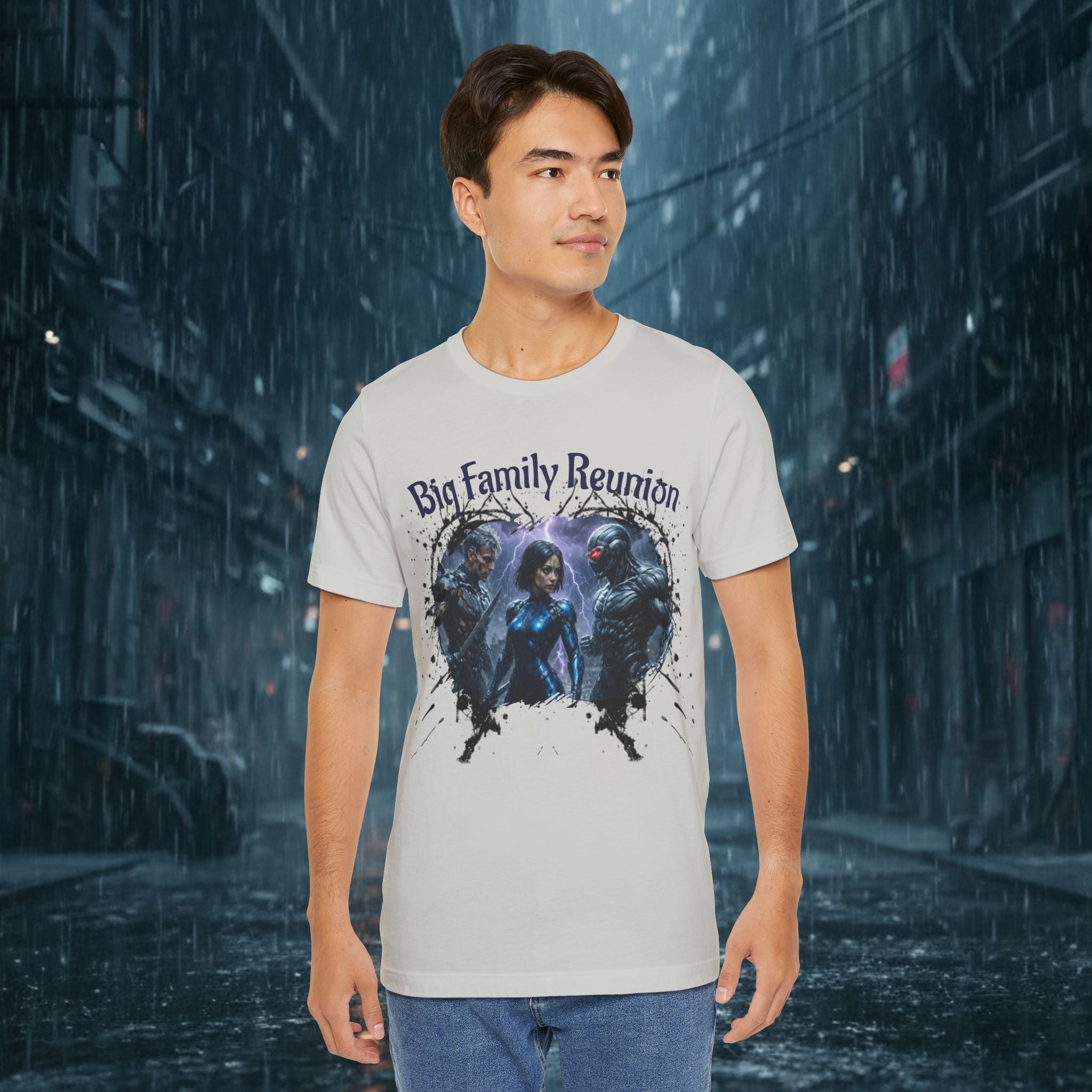 T-Shirt — "Big Family Reunion" Sci‑Fi Character Heart Graphic Tee - Battle Suits
