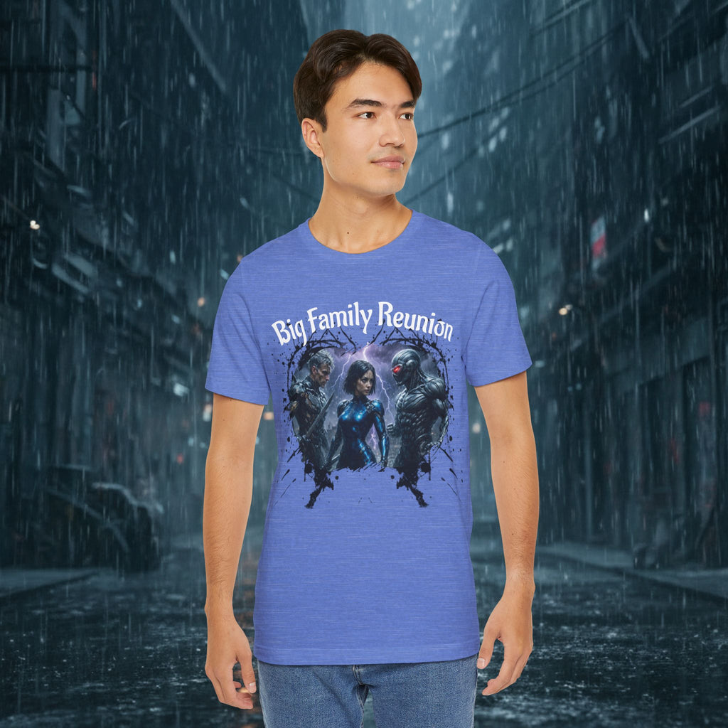T-Shirt — "Big Family Reunion" Sci‑Fi Character Heart Graphic Tee - Battle Suits