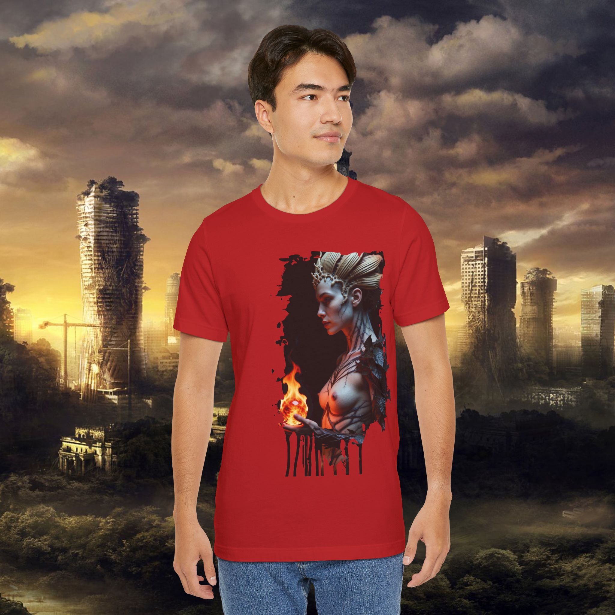 Mythic Fire Goddess T‑Shirt — Fantasy Portrait Tee with Flaming Orb - Alexia Ashford Side Face