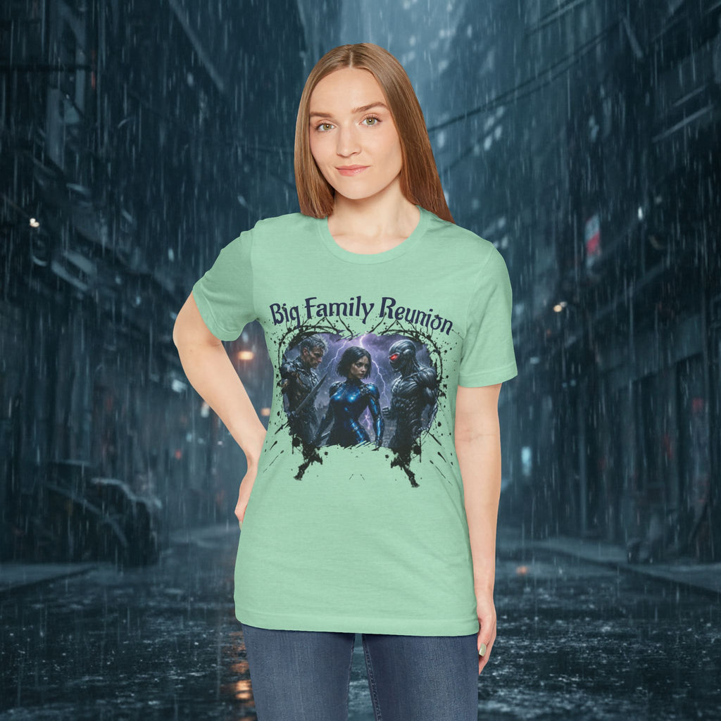 T-Shirt — "Big Family Reunion" Sci‑Fi Character Heart Graphic Tee - Battle Suits