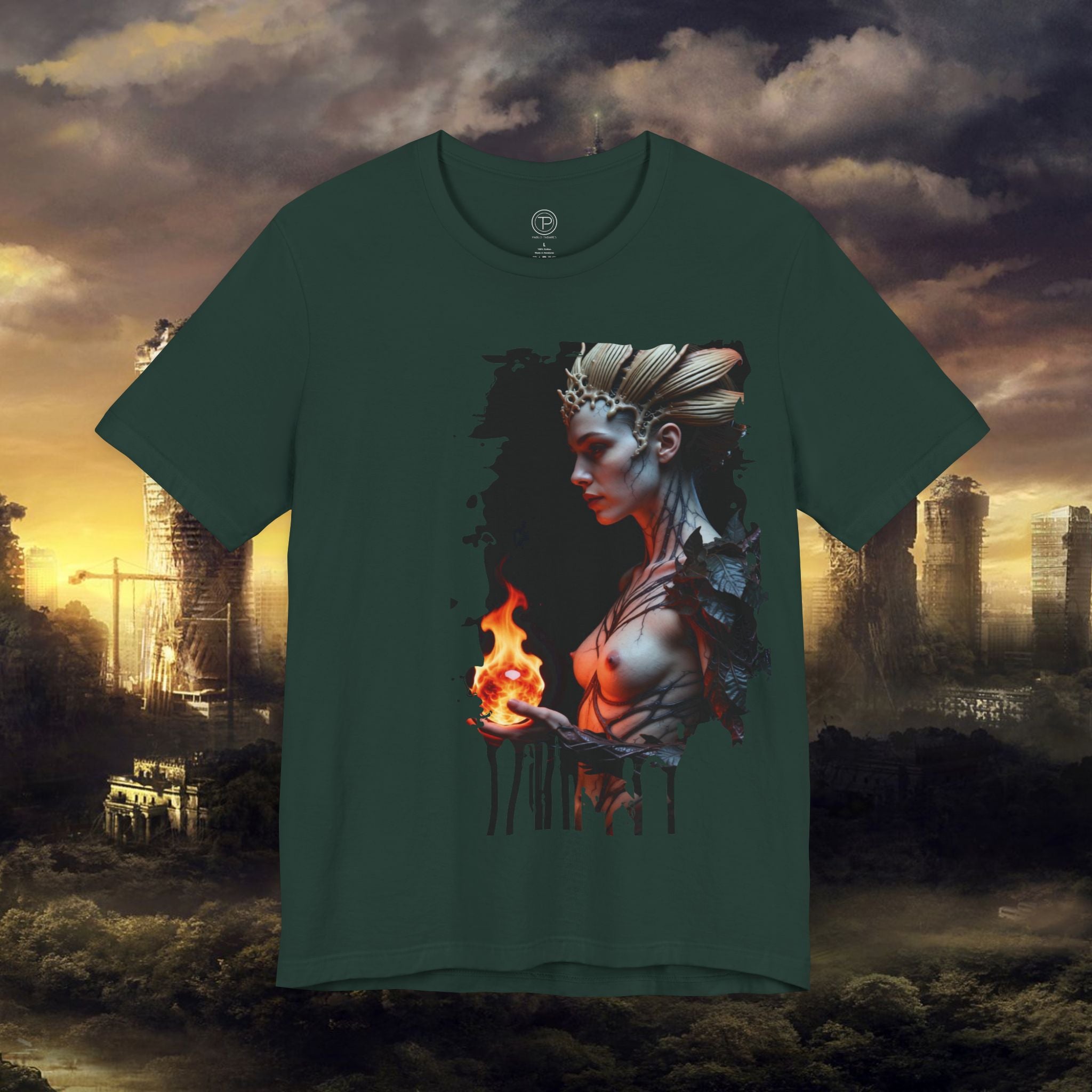 Mythic Fire Goddess T‑Shirt — Fantasy Portrait Tee with Flaming Orb - Alexia Ashford Side Face