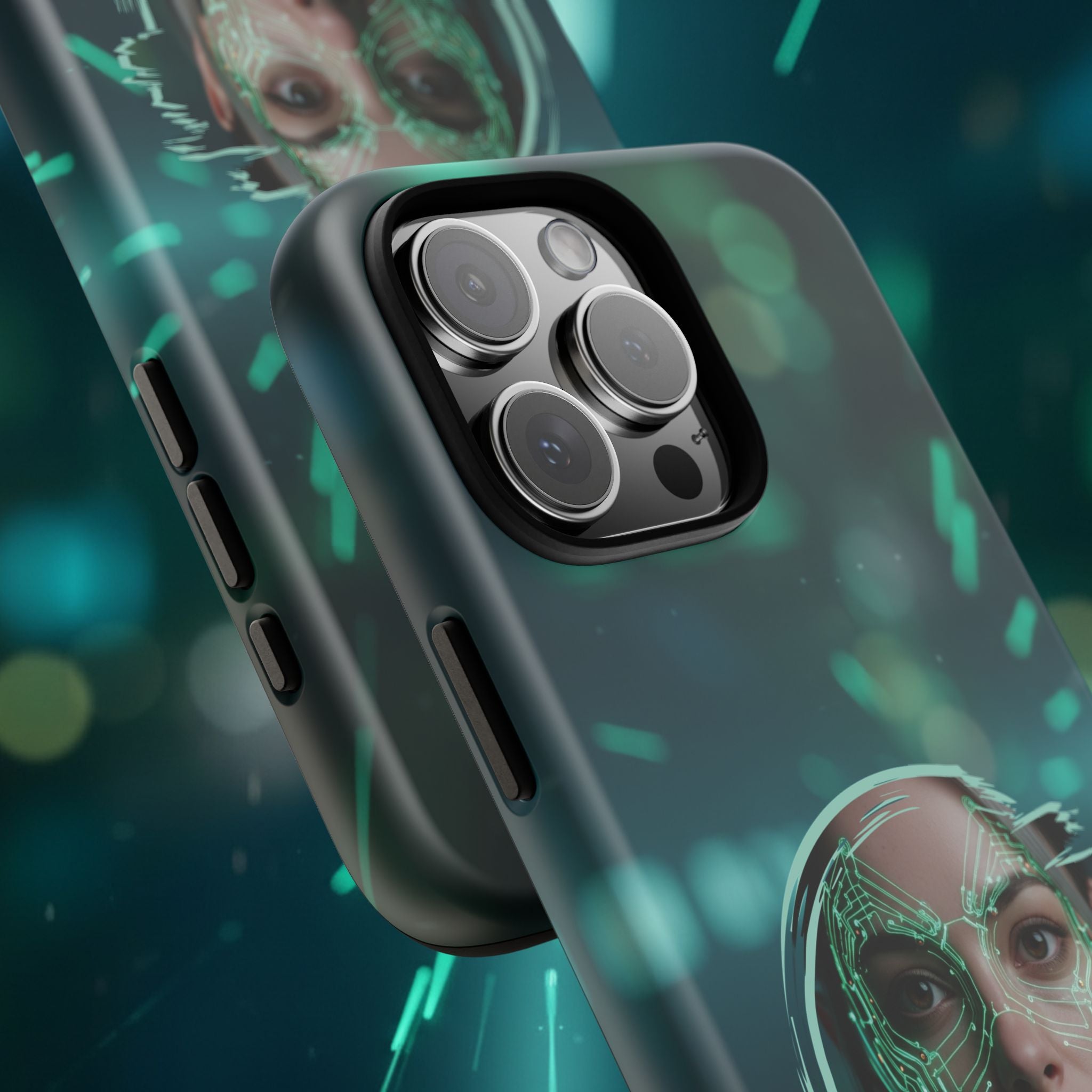 Cyberpunk Portrait Phone Case — Futuristic Neon Tech Face Design Tough Case - Green Cyborg Woman