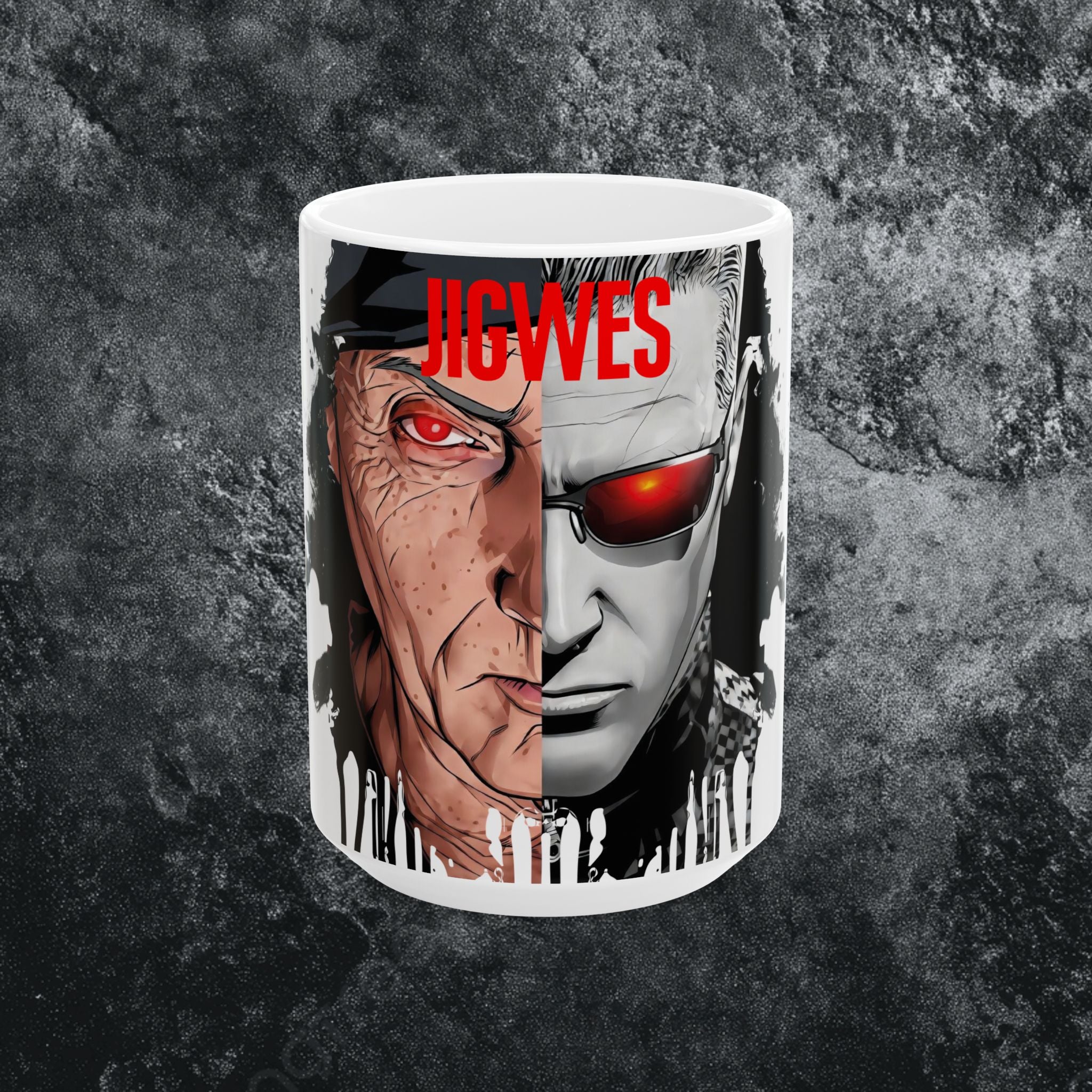 Split Face JIGSAW Y WESKER  — Sci‑Fi Half‑Human Red Eye Ceramic Coffee Cup (11oz/15oz) - JIGWES