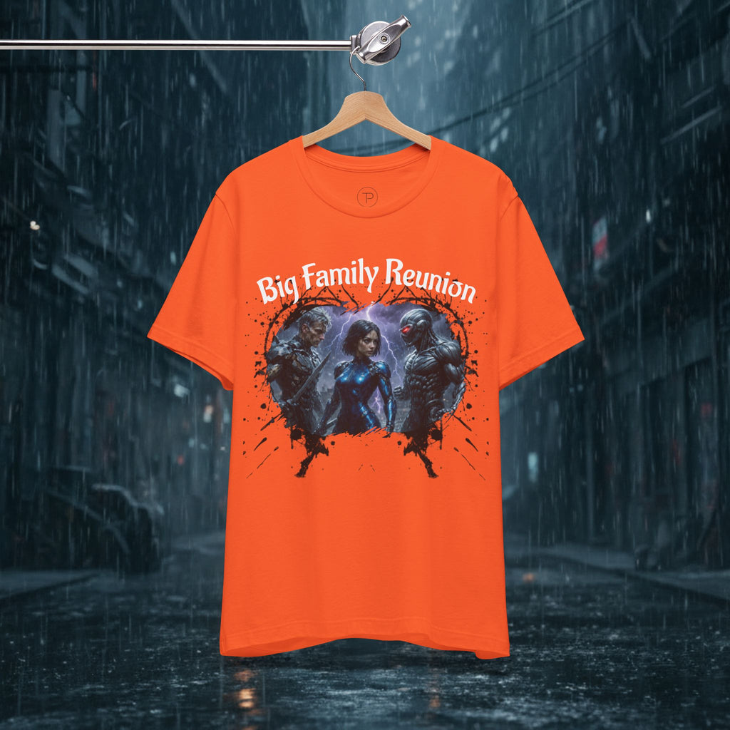 T-Shirt — "Big Family Reunion" Sci‑Fi Character Heart Graphic Tee - Battle Suits
