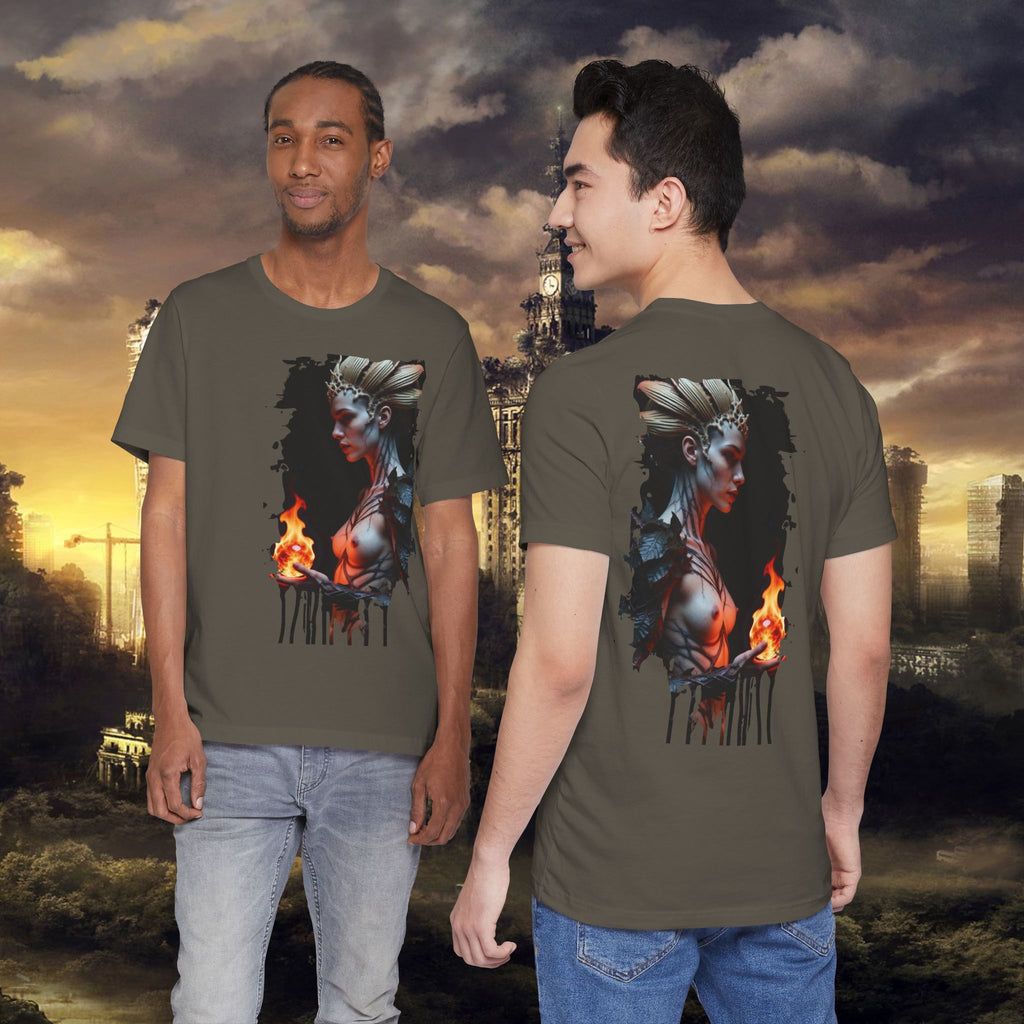 Mythic Fire Goddess T‑Shirt — Fantasy Portrait Tee with Flaming Orb - Alexia Ashford Side Face