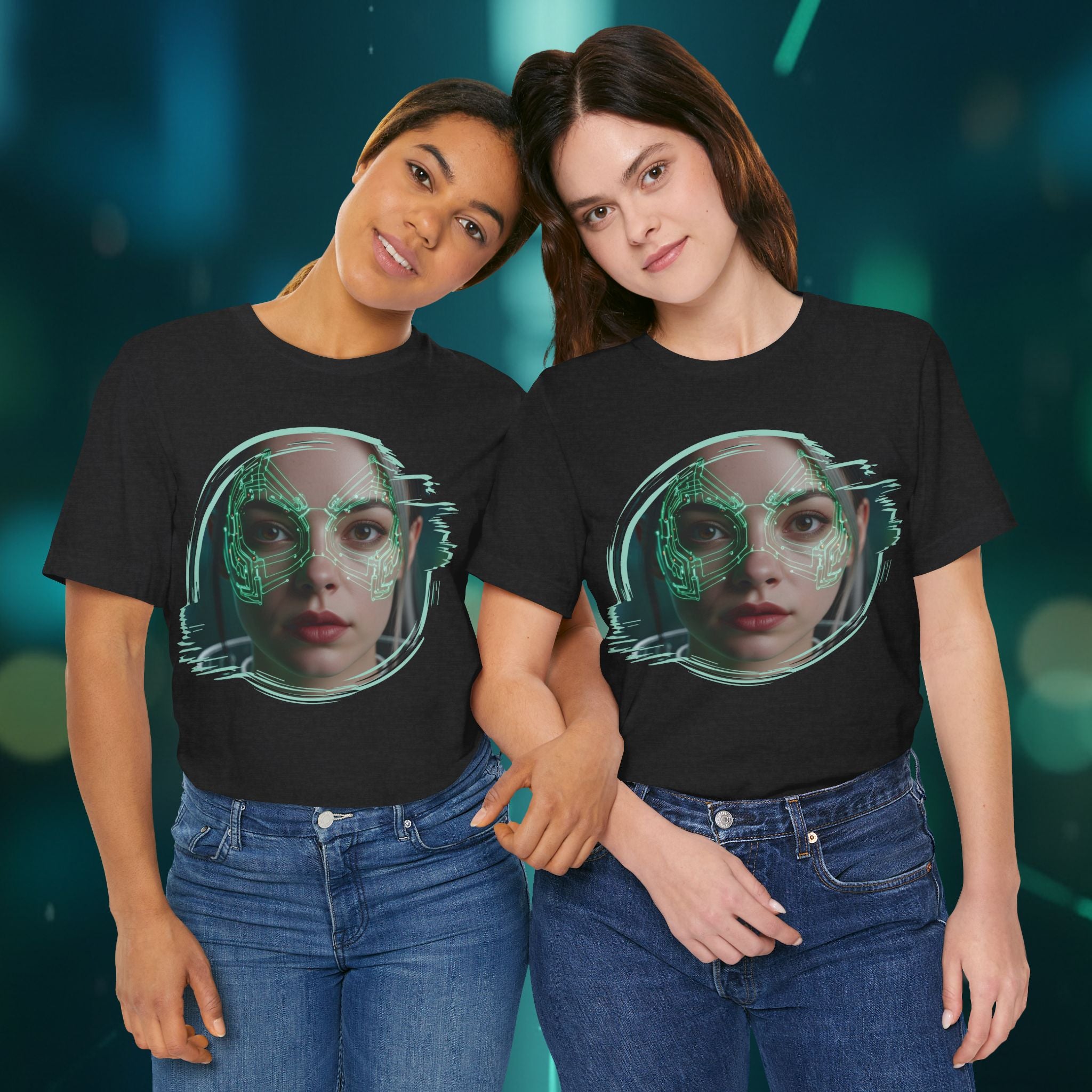 Cybernetic Portrait Tee — Futuristic Neon Circuit Face Graphic Shirt - Green Cyborg Woman