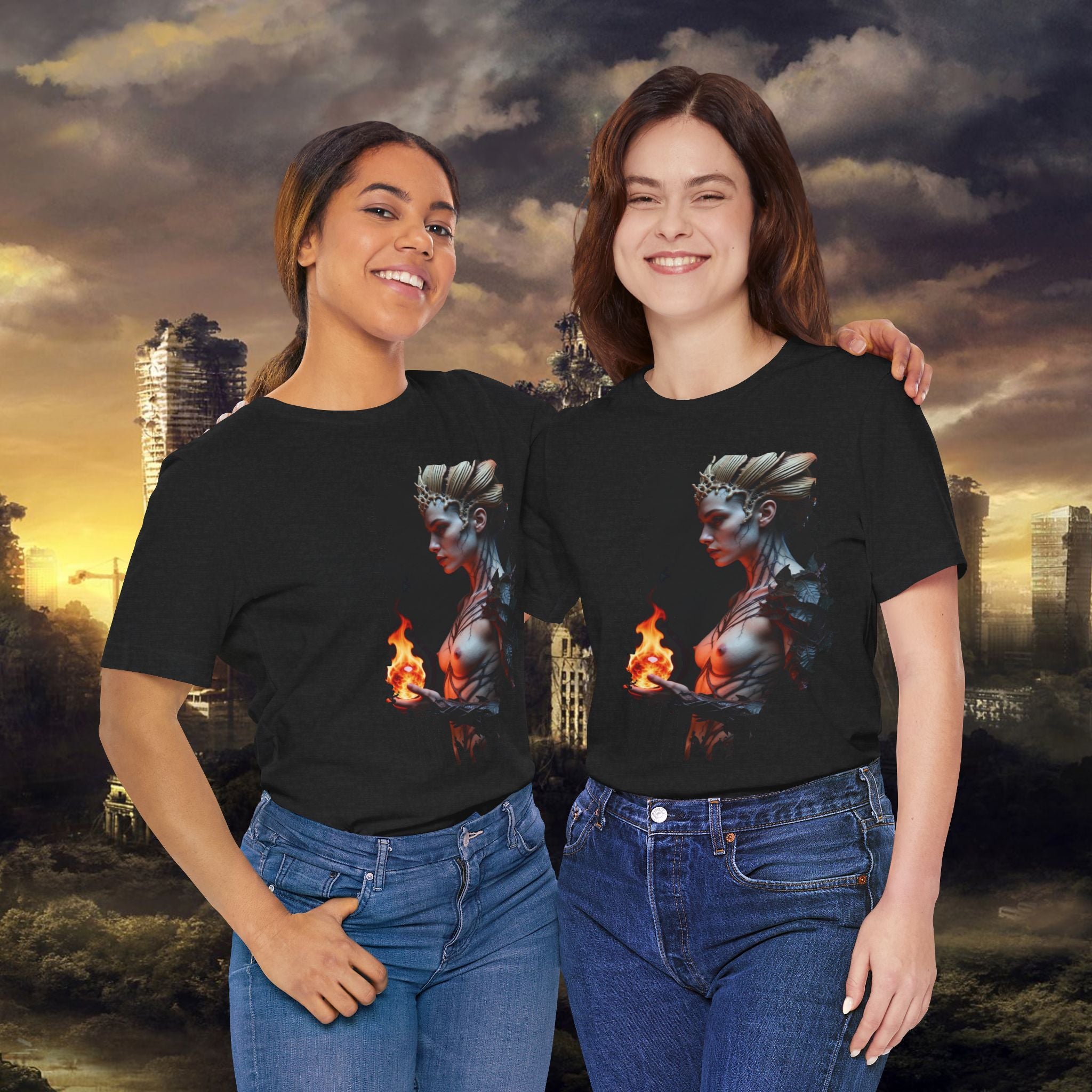 Mythic Fire Goddess T‑Shirt — Fantasy Portrait Tee with Flaming Orb - Alexia Ashford Side Face