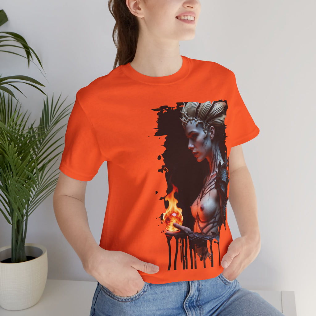 Mythic Fire Goddess T‑Shirt — Fantasy Portrait Tee with Flaming Orb - Alexia Ashford Side Face