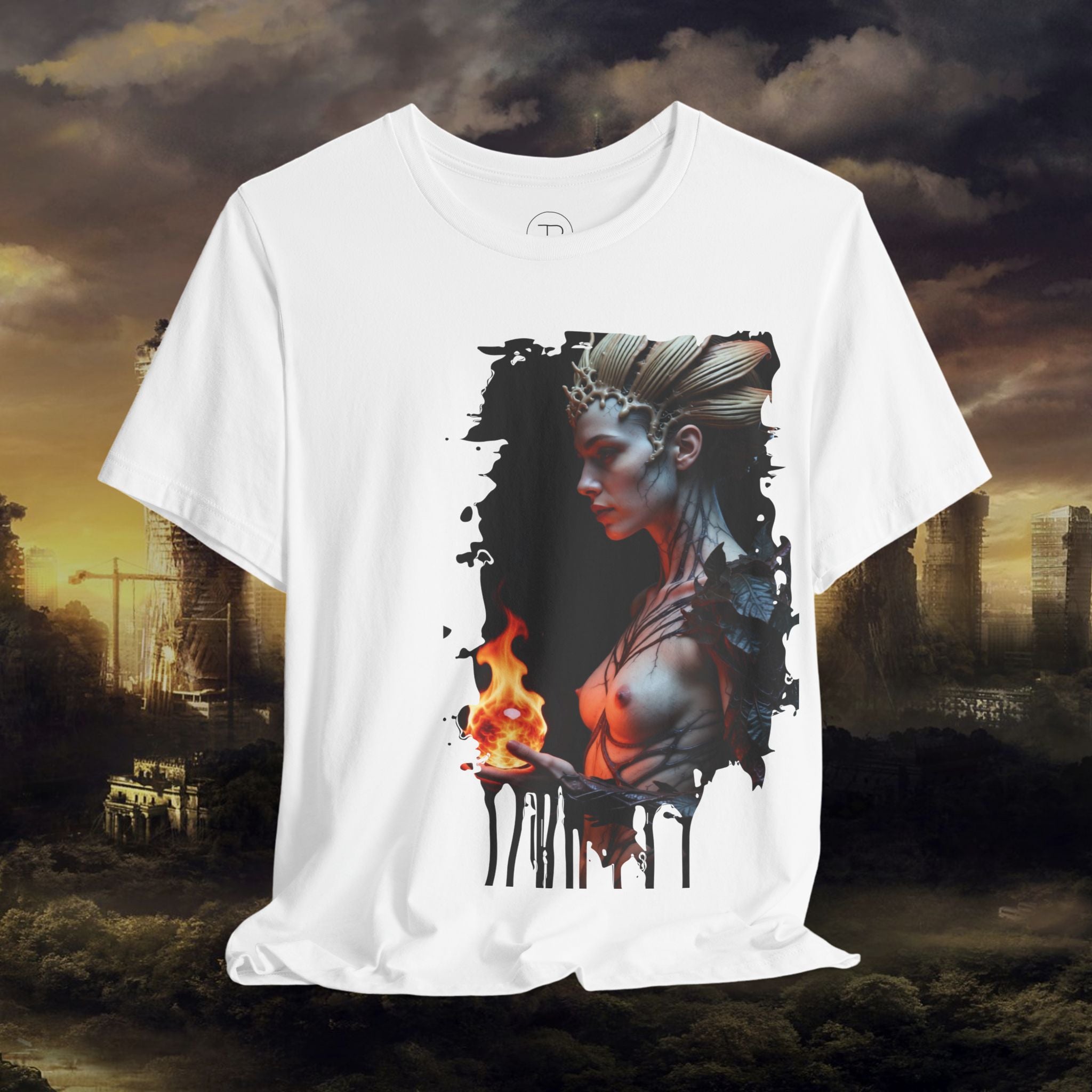 Mythic Fire Goddess T‑Shirt — Fantasy Portrait Tee with Flaming Orb - Alexia Ashford Side Face