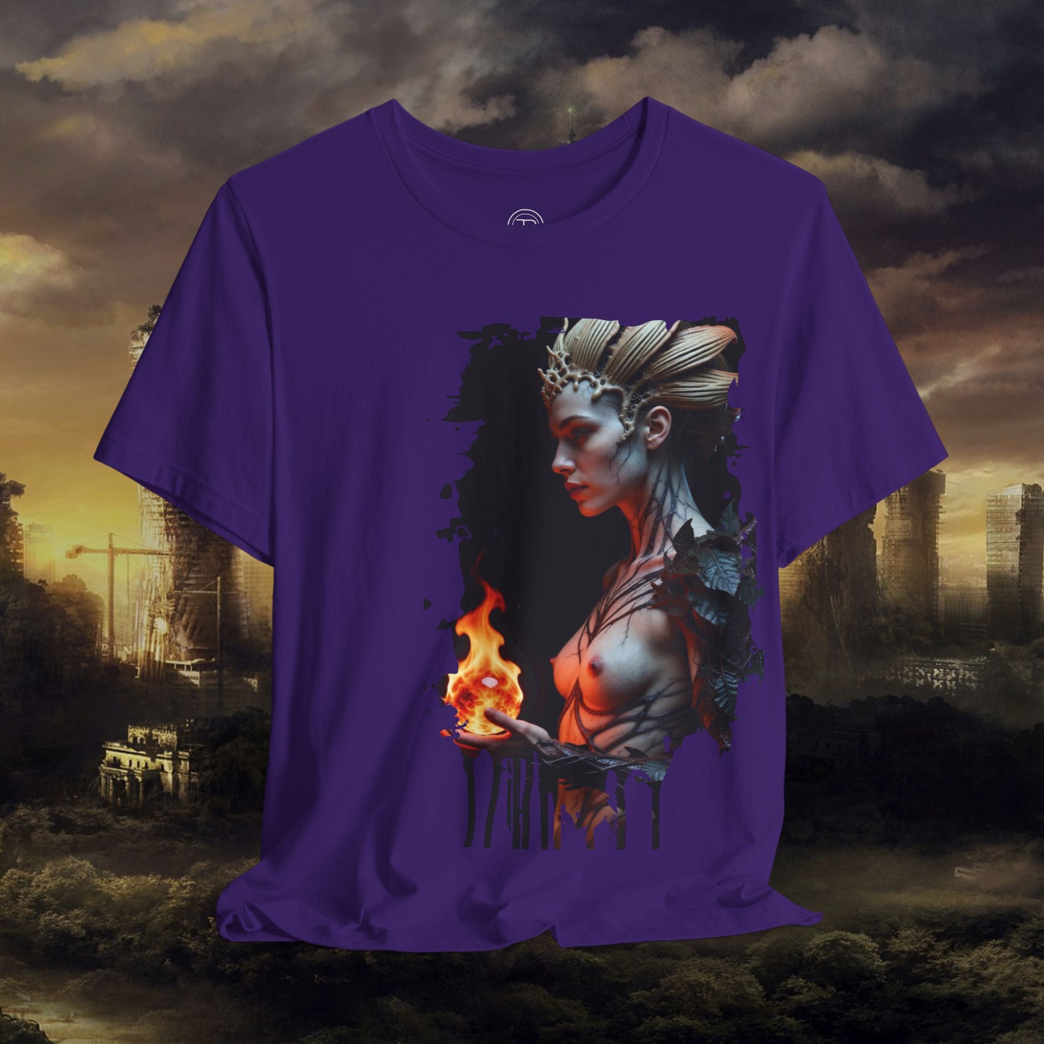 Mythic Fire Goddess T‑Shirt — Fantasy Portrait Tee with Flaming Orb - Alexia Ashford Side Face