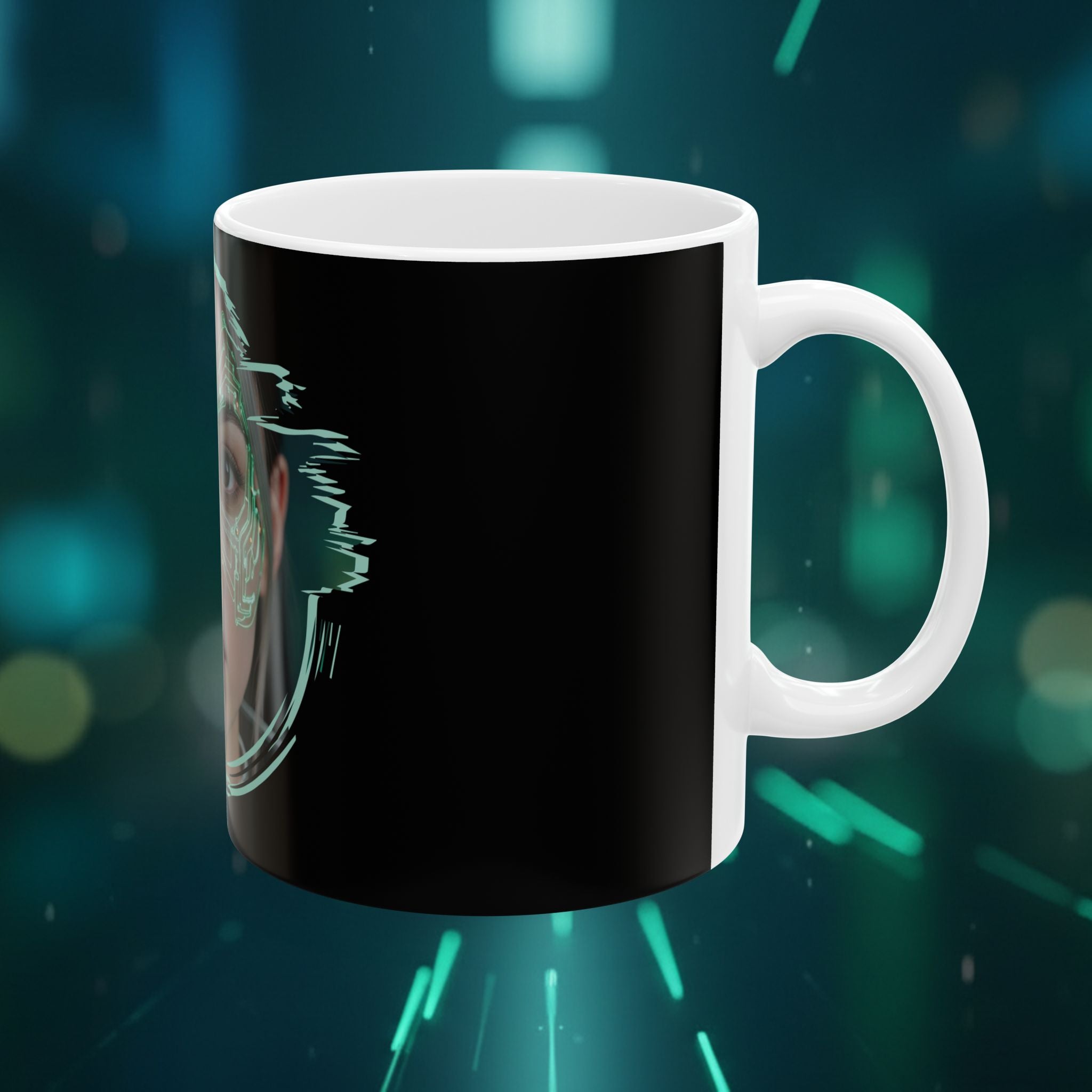 Cyberpunk Face Mask Ceramic Mug — Futuristic Portrait Coffee Cup (11oz/15oz) - Green Cyborg Woman