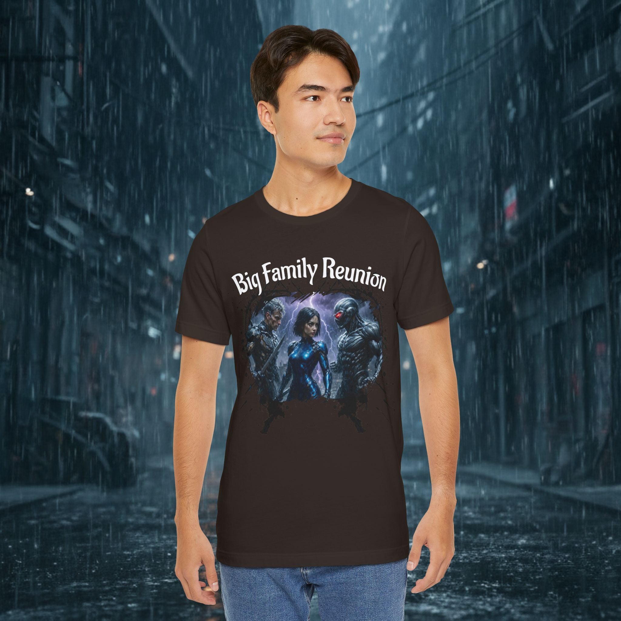 T-Shirt — "Big Family Reunion" Sci‑Fi Character Heart Graphic Tee - Battle Suits