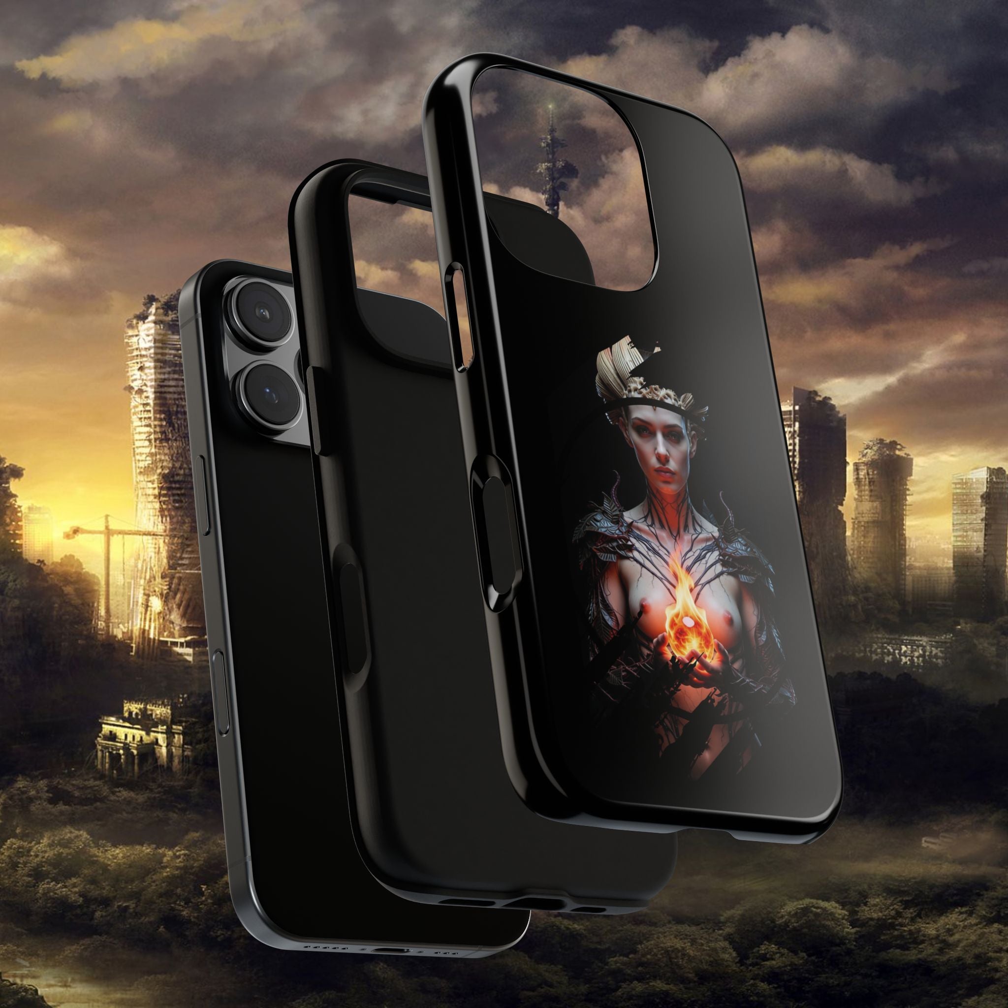 Fantasy Sorceress Phone Case — Dark Magic Mage with Fiery Orb Tough Case - Alexia Ashford
