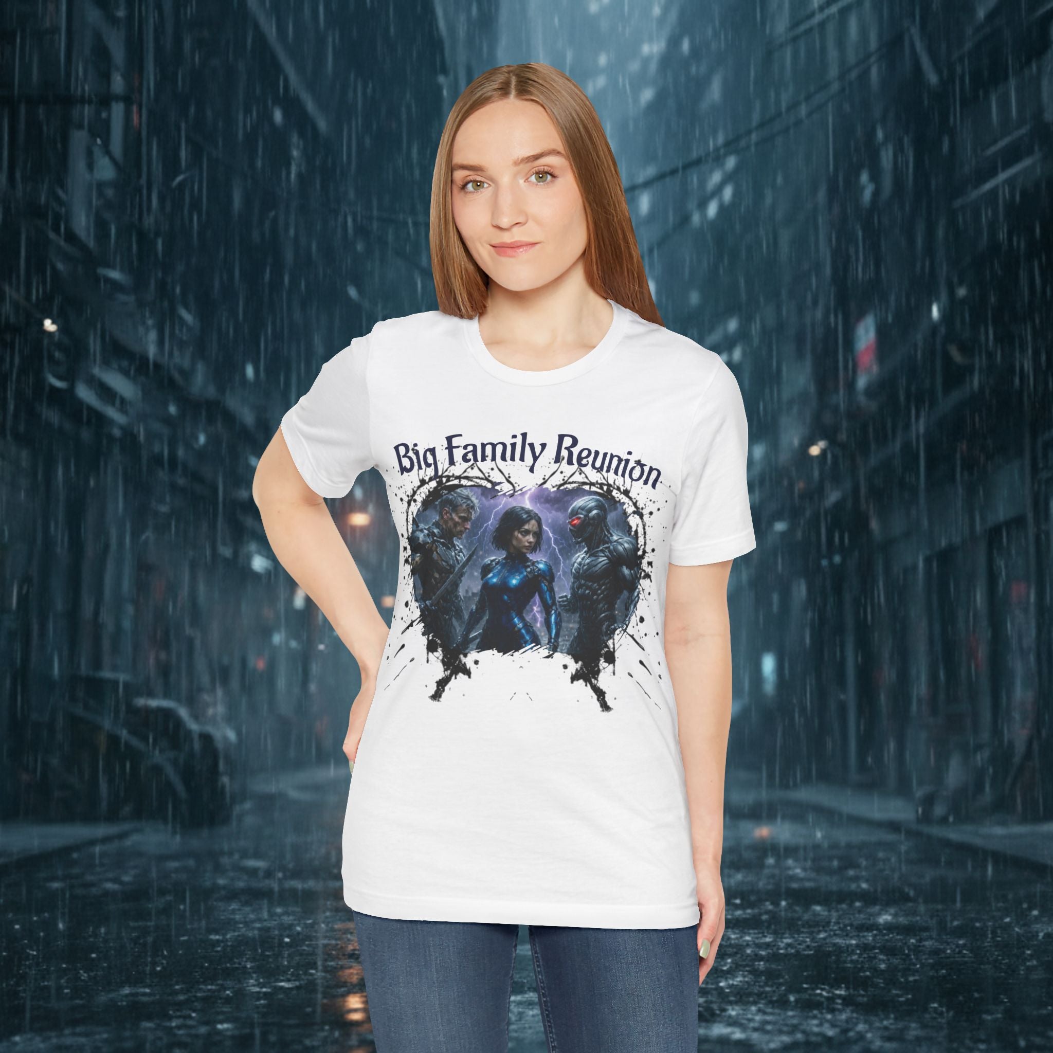 T-Shirt — "Big Family Reunion" Sci‑Fi Character Heart Graphic Tee - Battle Suits