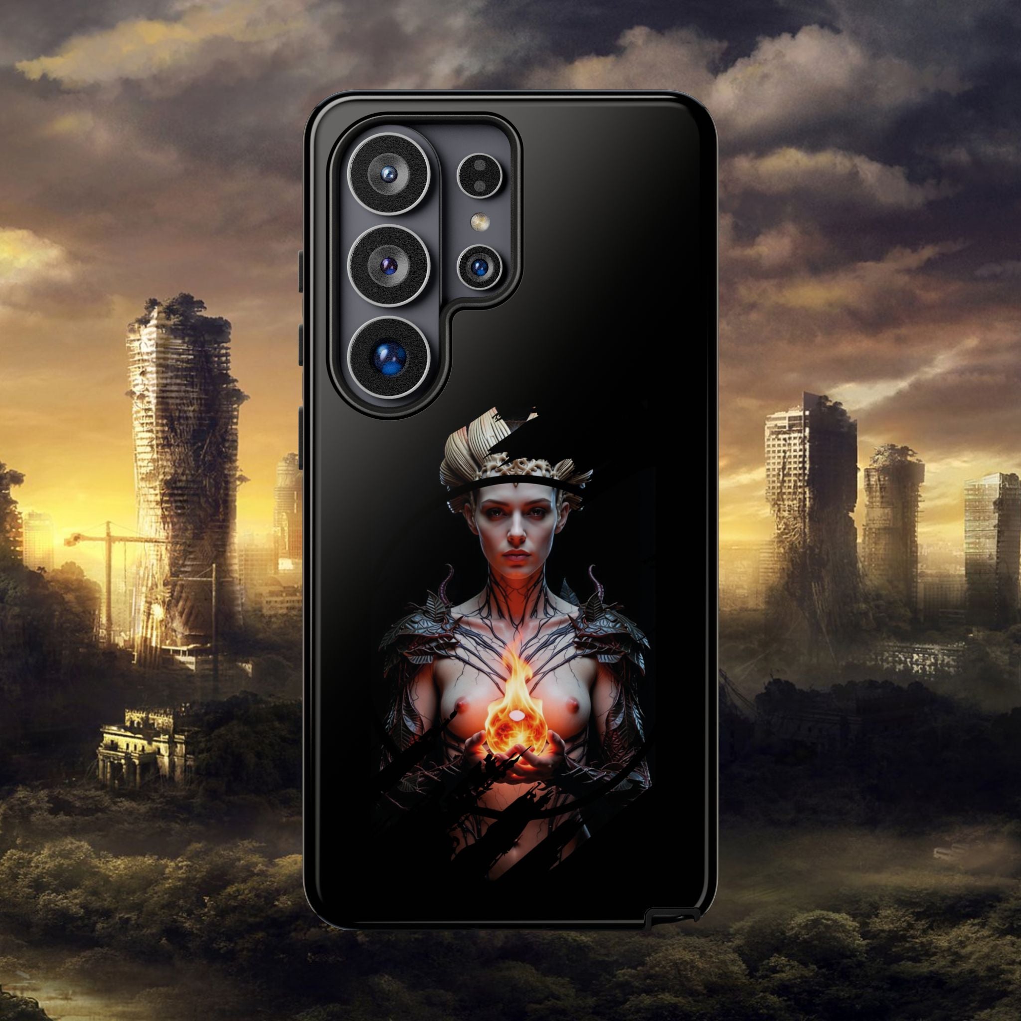 Fantasy Sorceress Phone Case — Dark Magic Mage with Fiery Orb Tough Case - Alexia Ashford