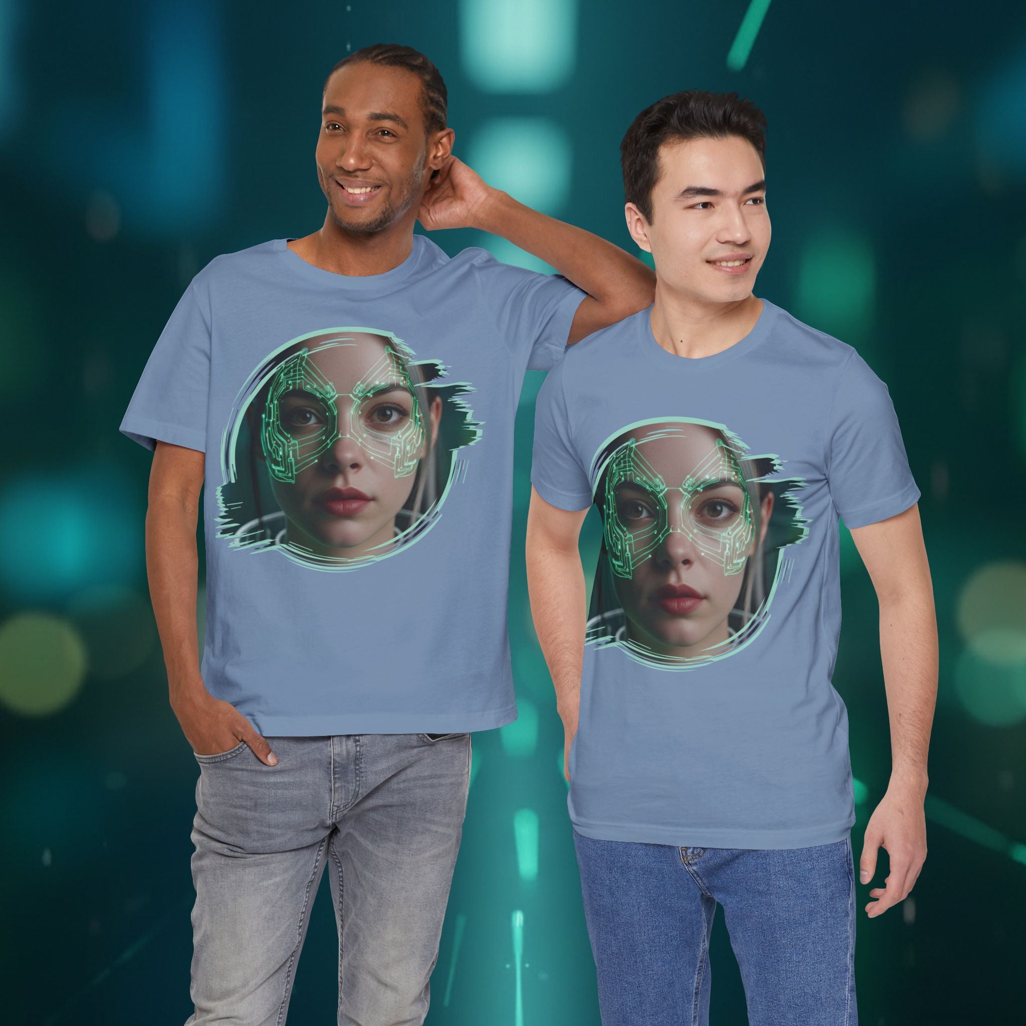 Cybernetic Portrait Tee — Futuristic Neon Circuit Face Graphic Shirt - Green Cyborg Woman