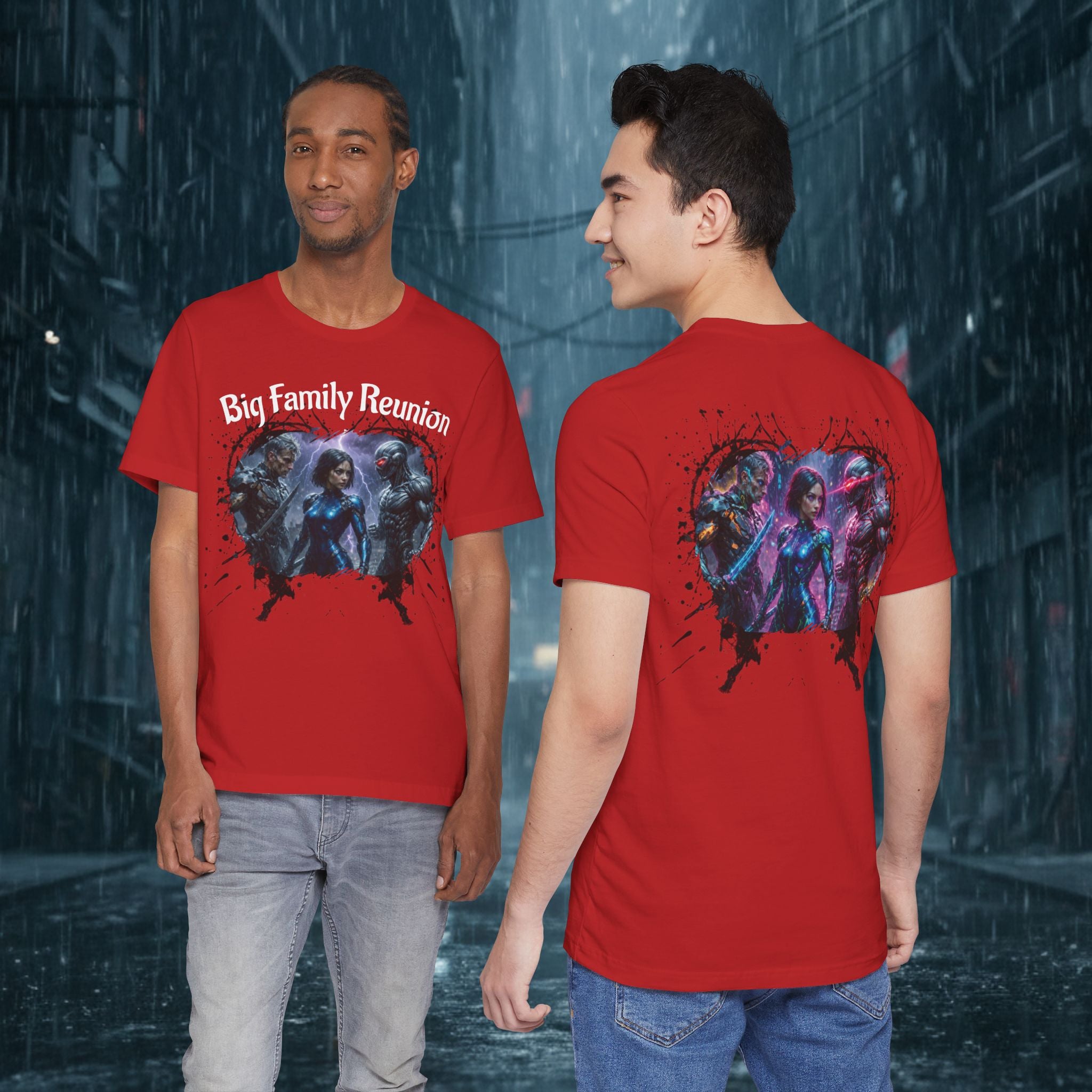 T-Shirt — "Big Family Reunion" Sci‑Fi Character Heart Graphic Tee - Battle Suits