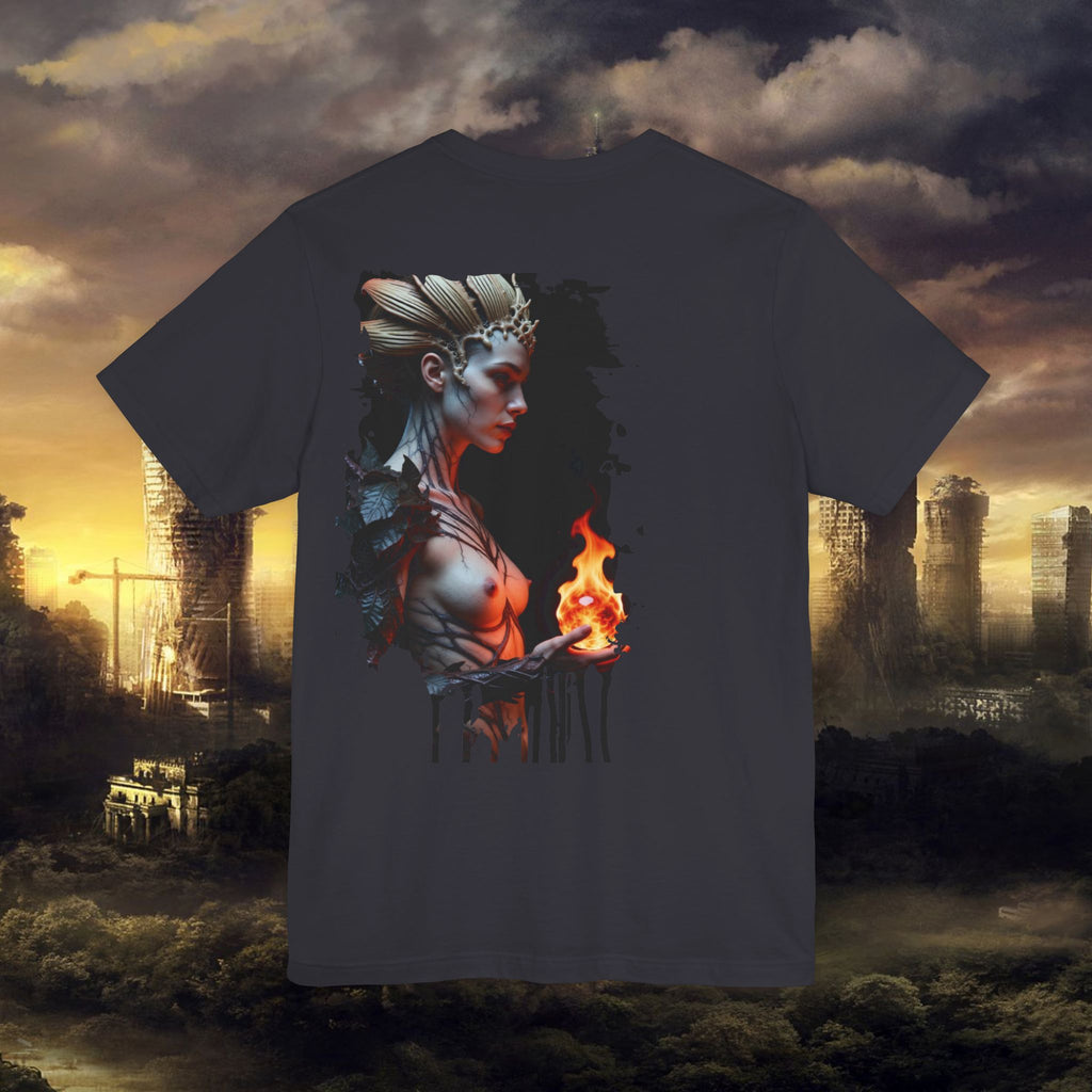 Mythic Fire Goddess T‑Shirt — Fantasy Portrait Tee with Flaming Orb - Alexia Ashford Side Face