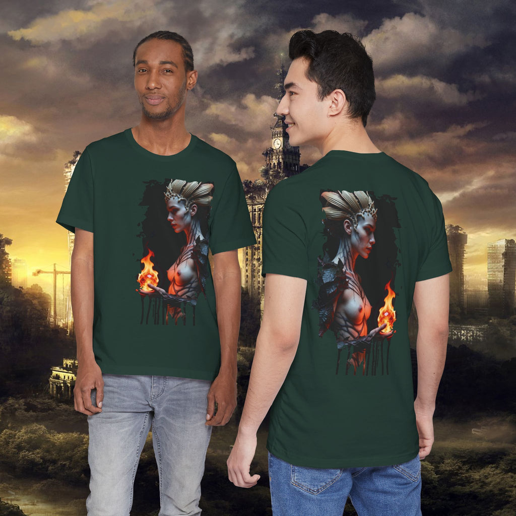 Mythic Fire Goddess T‑Shirt — Fantasy Portrait Tee with Flaming Orb - Alexia Ashford Side Face
