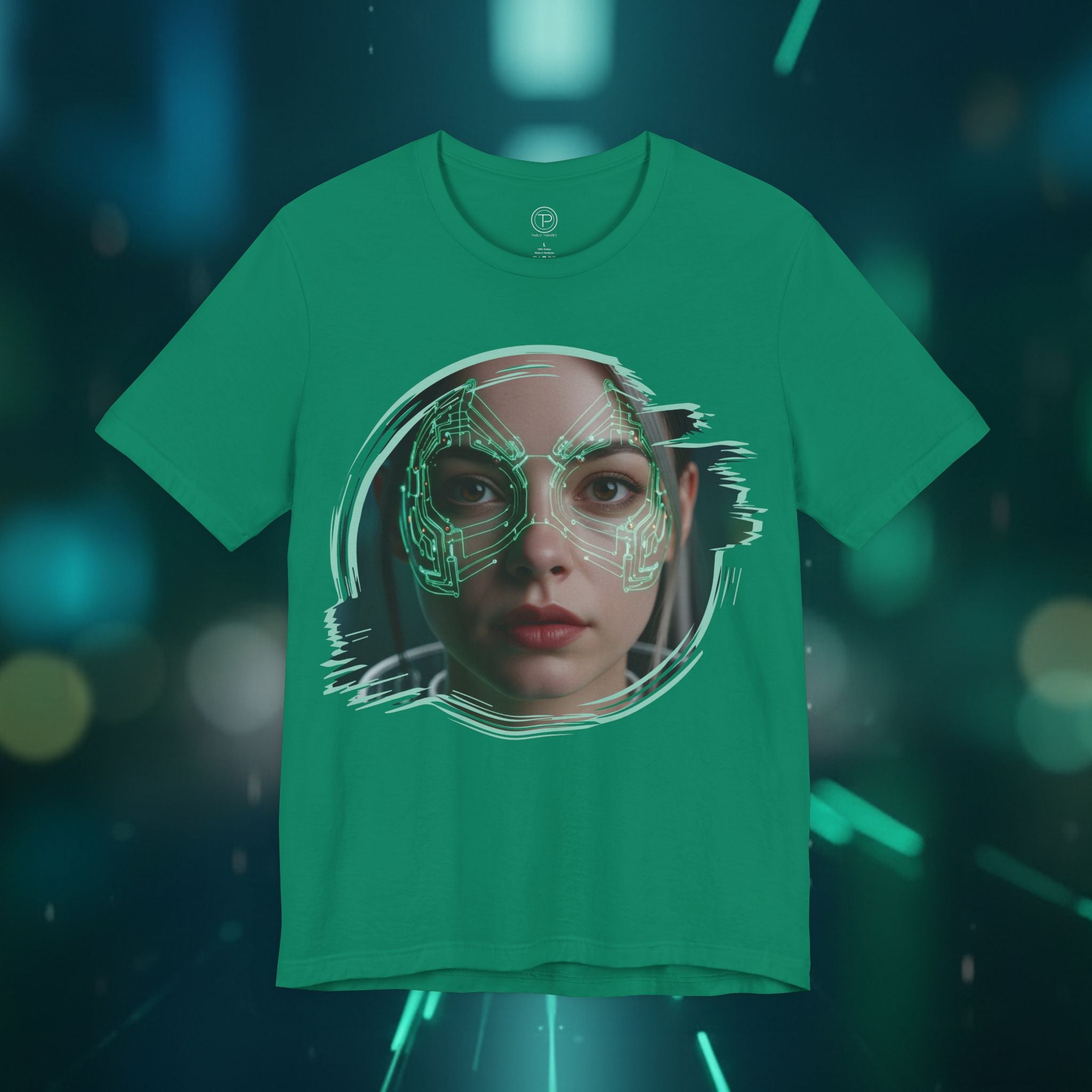 Cybernetic Portrait Tee — Futuristic Neon Circuit Face Graphic Shirt - Green Cyborg Woman