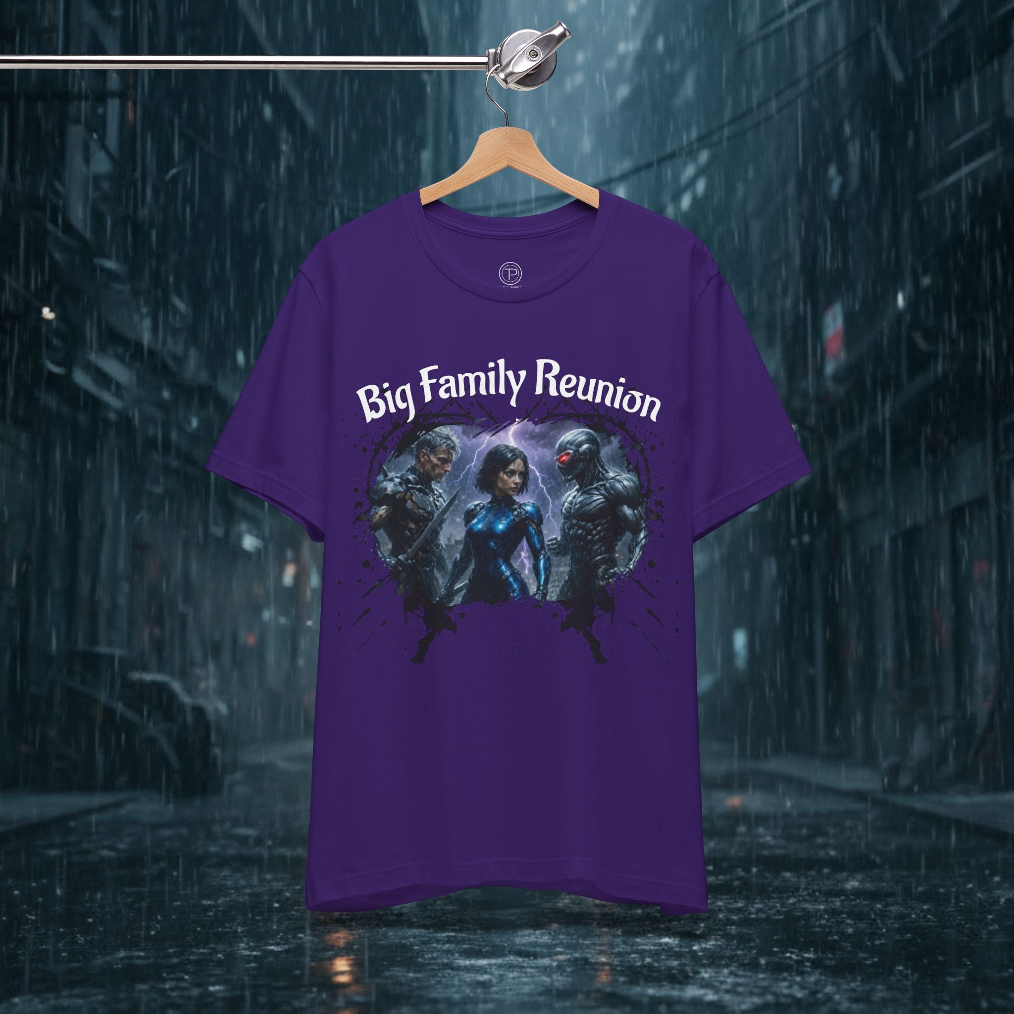 T-Shirt — "Big Family Reunion" Sci‑Fi Character Heart Graphic Tee - Battle Suits