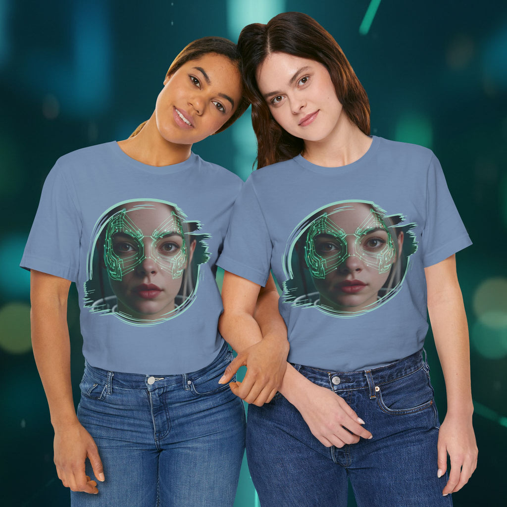 Cybernetic Portrait Tee — Futuristic Neon Circuit Face Graphic Shirt - Green Cyborg Woman