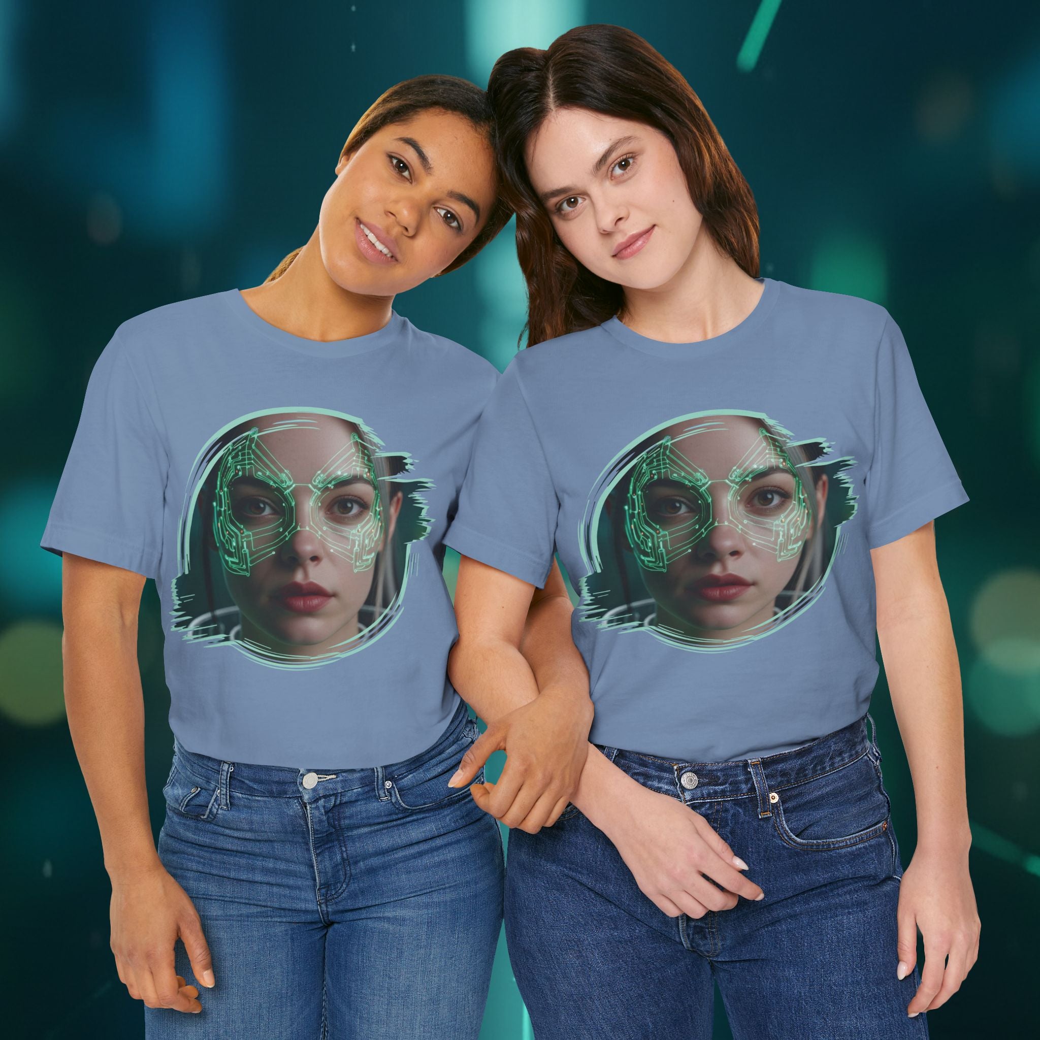 Cybernetic Portrait Tee — Futuristic Neon Circuit Face Graphic Shirt - Green Cyborg Woman