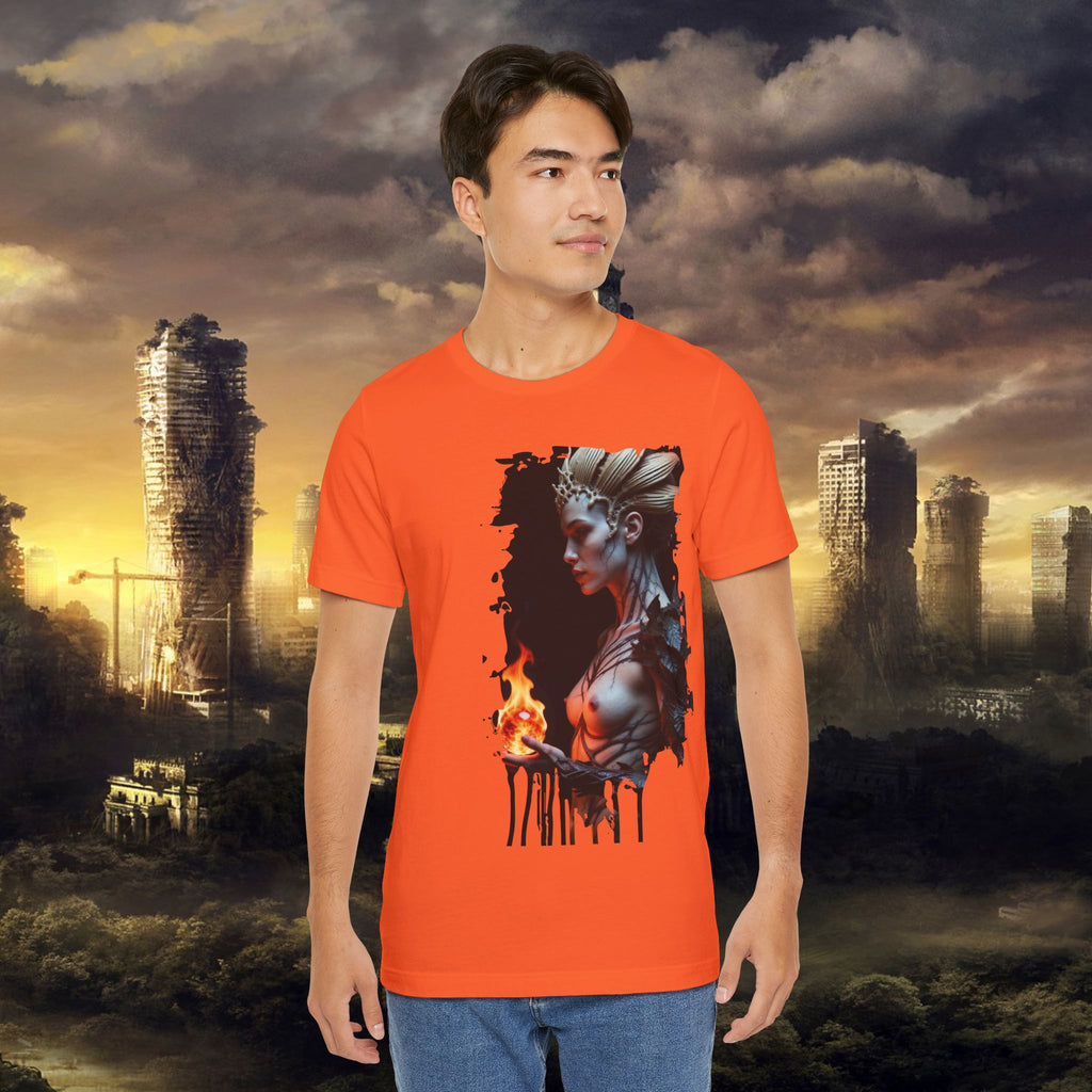 Mythic Fire Goddess T‑Shirt — Fantasy Portrait Tee with Flaming Orb - Alexia Ashford Side Face