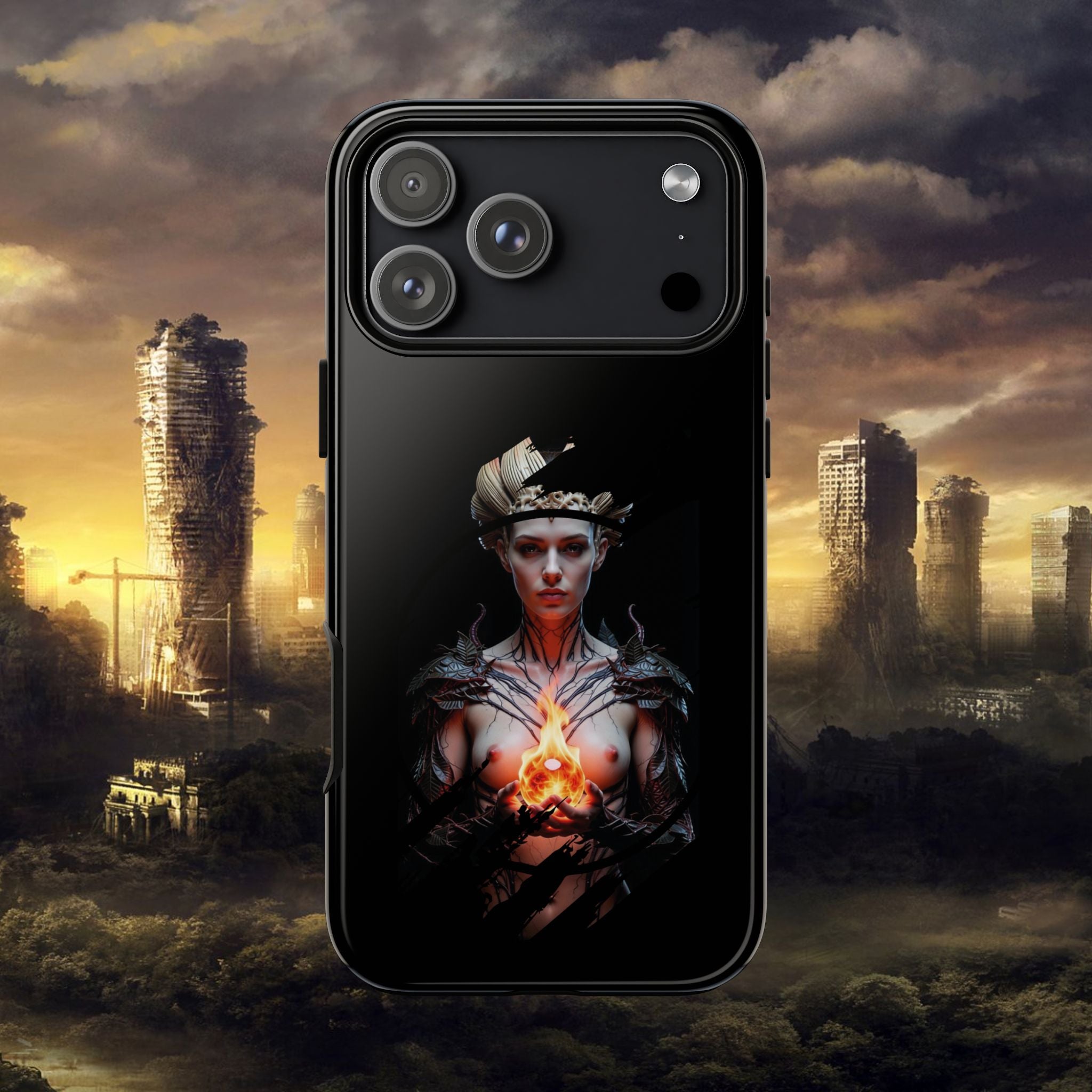 Fantasy Sorceress Phone Case — Dark Magic Mage with Fiery Orb Tough Case - Alexia Ashford