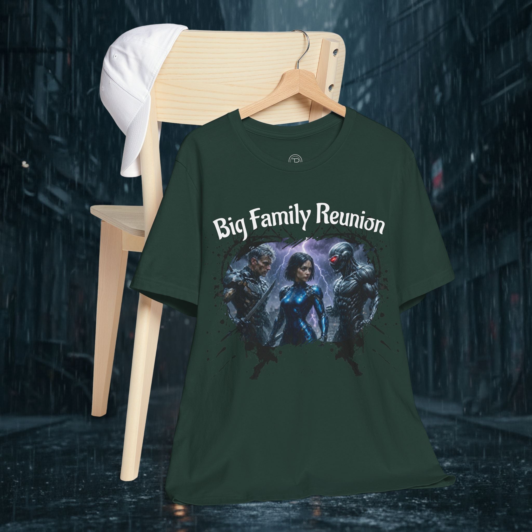 T-Shirt — "Big Family Reunion" Sci‑Fi Character Heart Graphic Tee - Battle Suits
