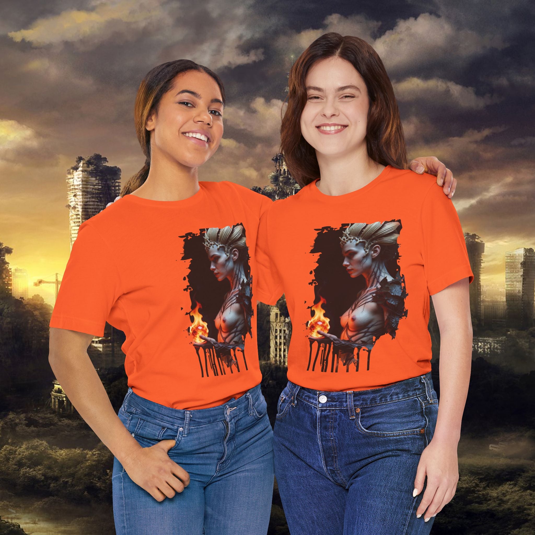 Mythic Fire Goddess T‑Shirt — Fantasy Portrait Tee with Flaming Orb - Alexia Ashford Side Face