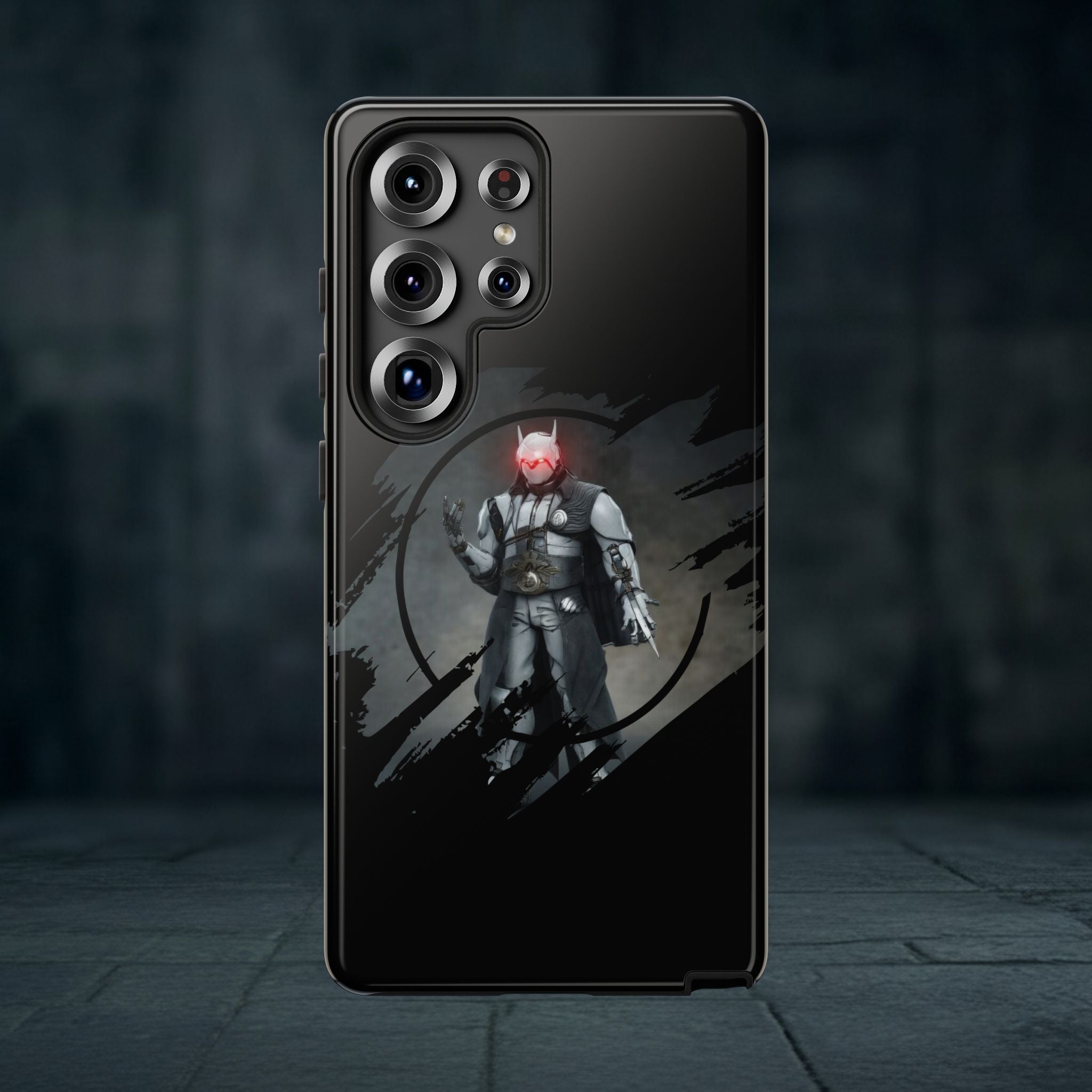 Galaxy Warrior Tough Phone Case — Dark Sci‑Fi Armor with Red Helm