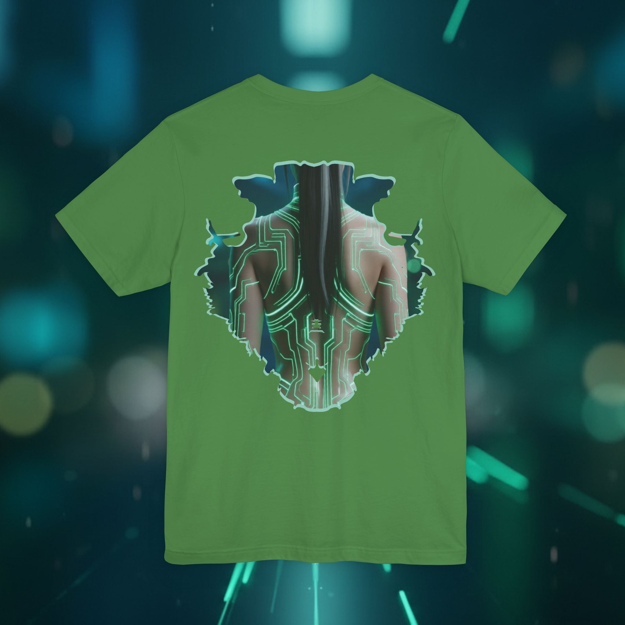 Cybernetic Portrait Tee — Futuristic Neon Circuit Face Graphic Shirt - Green Cyborg Woman