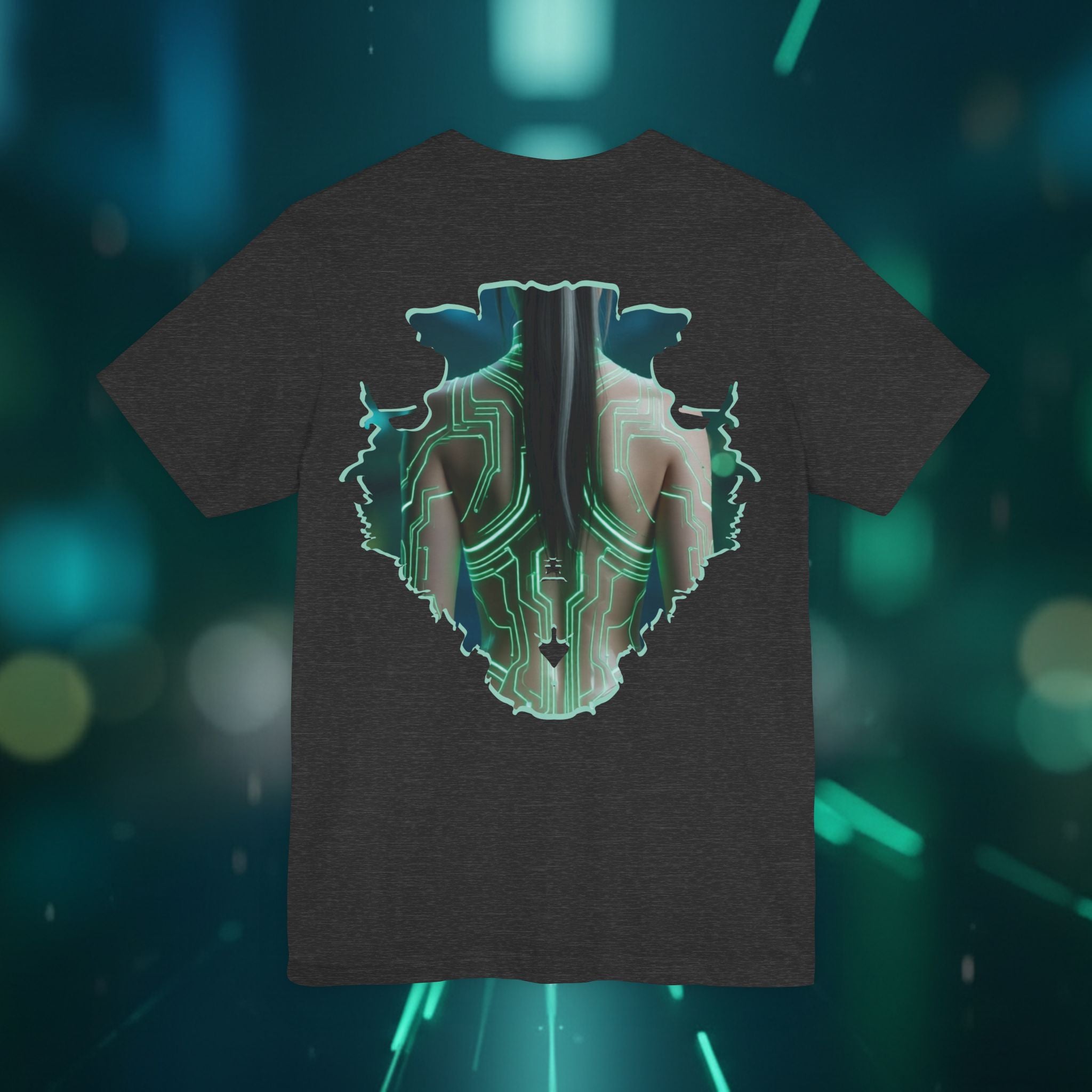 Cybernetic Portrait Tee — Futuristic Neon Circuit Face Graphic Shirt - Green Cyborg Woman