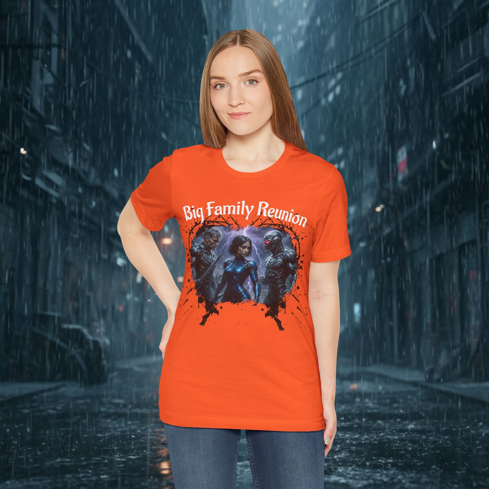 T-Shirt — "Big Family Reunion" Sci‑Fi Character Heart Graphic Tee - Battle Suits