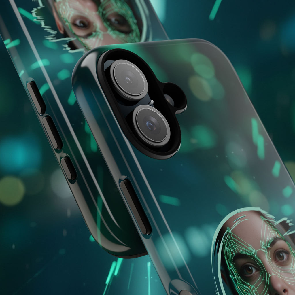 Cyberpunk Portrait Phone Case — Futuristic Neon Tech Face Design Tough Case - Green Cyborg Woman
