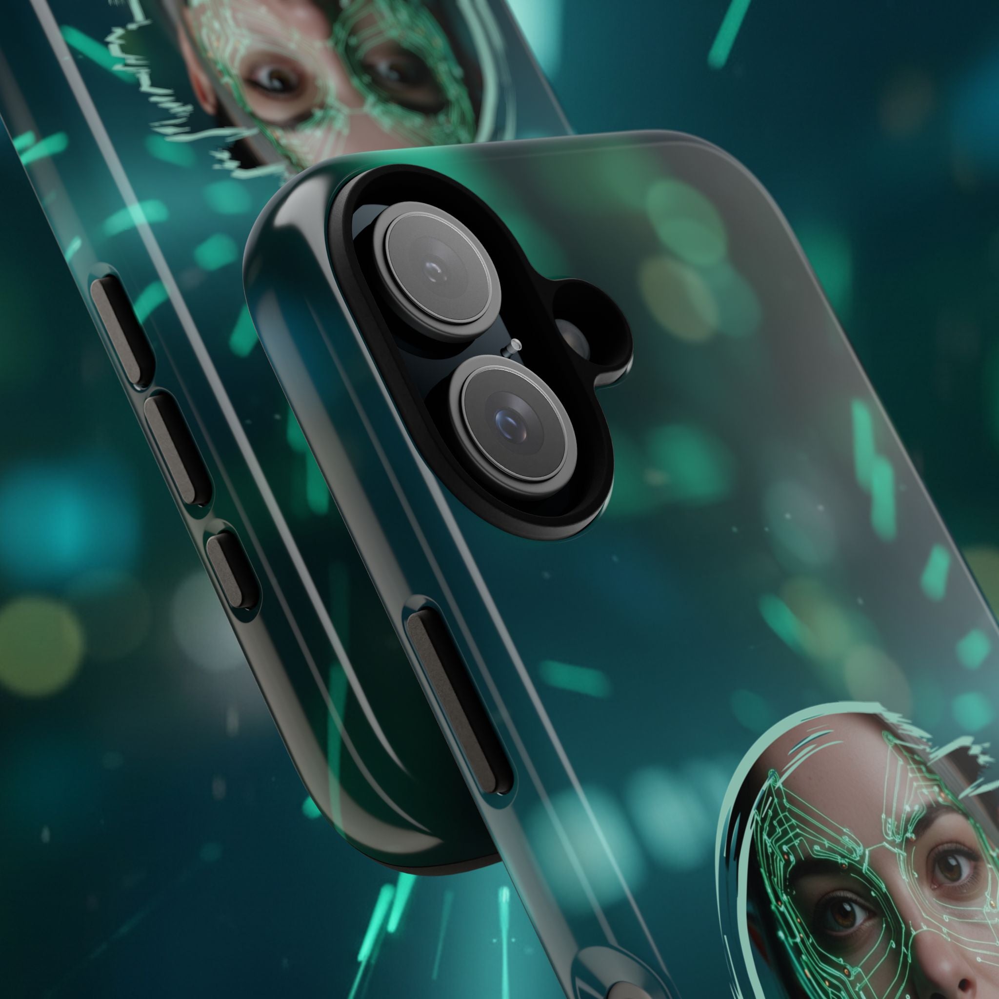 Cyberpunk Portrait Phone Case — Futuristic Neon Tech Face Design Tough Case - Green Cyborg Woman