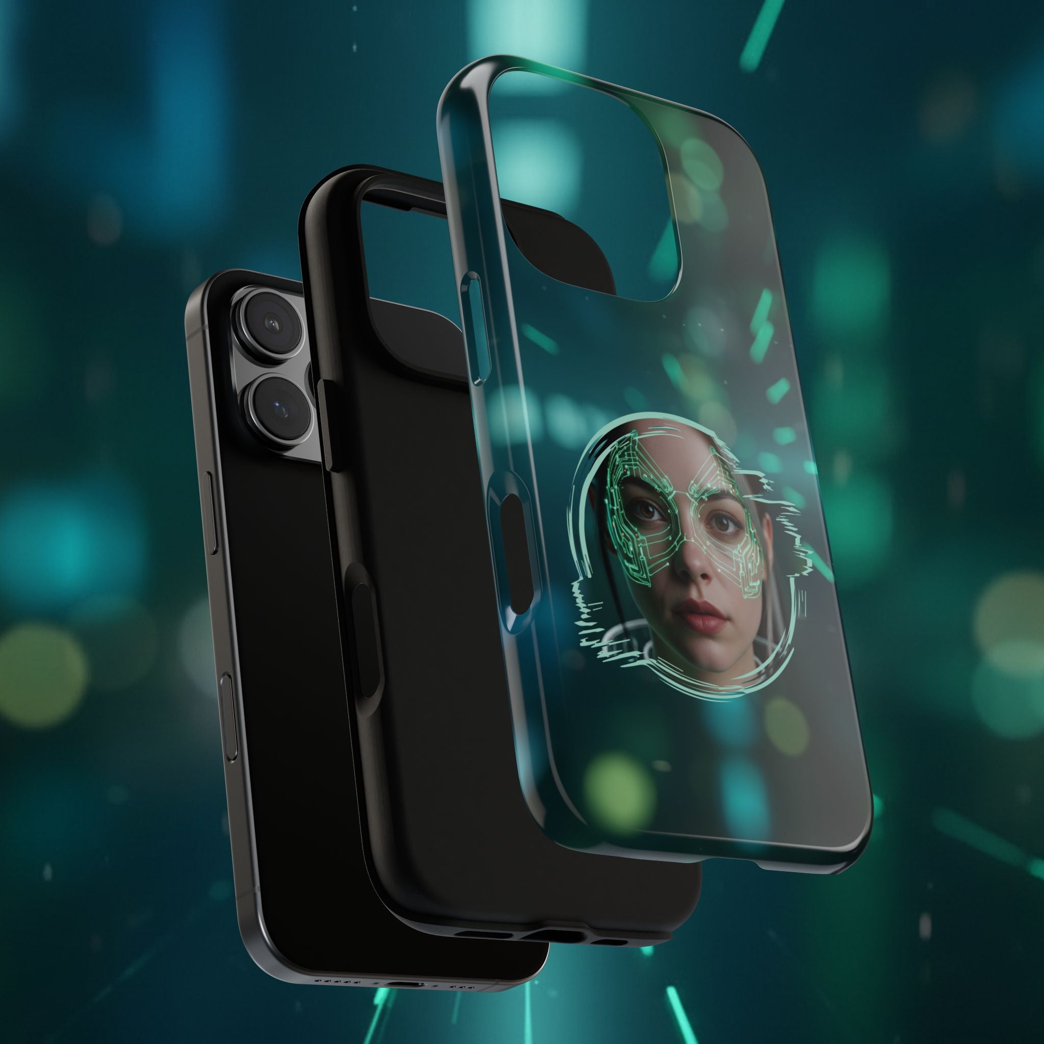 Cyberpunk Portrait Phone Case — Futuristic Neon Tech Face Design Tough Case - Green Cyborg Woman