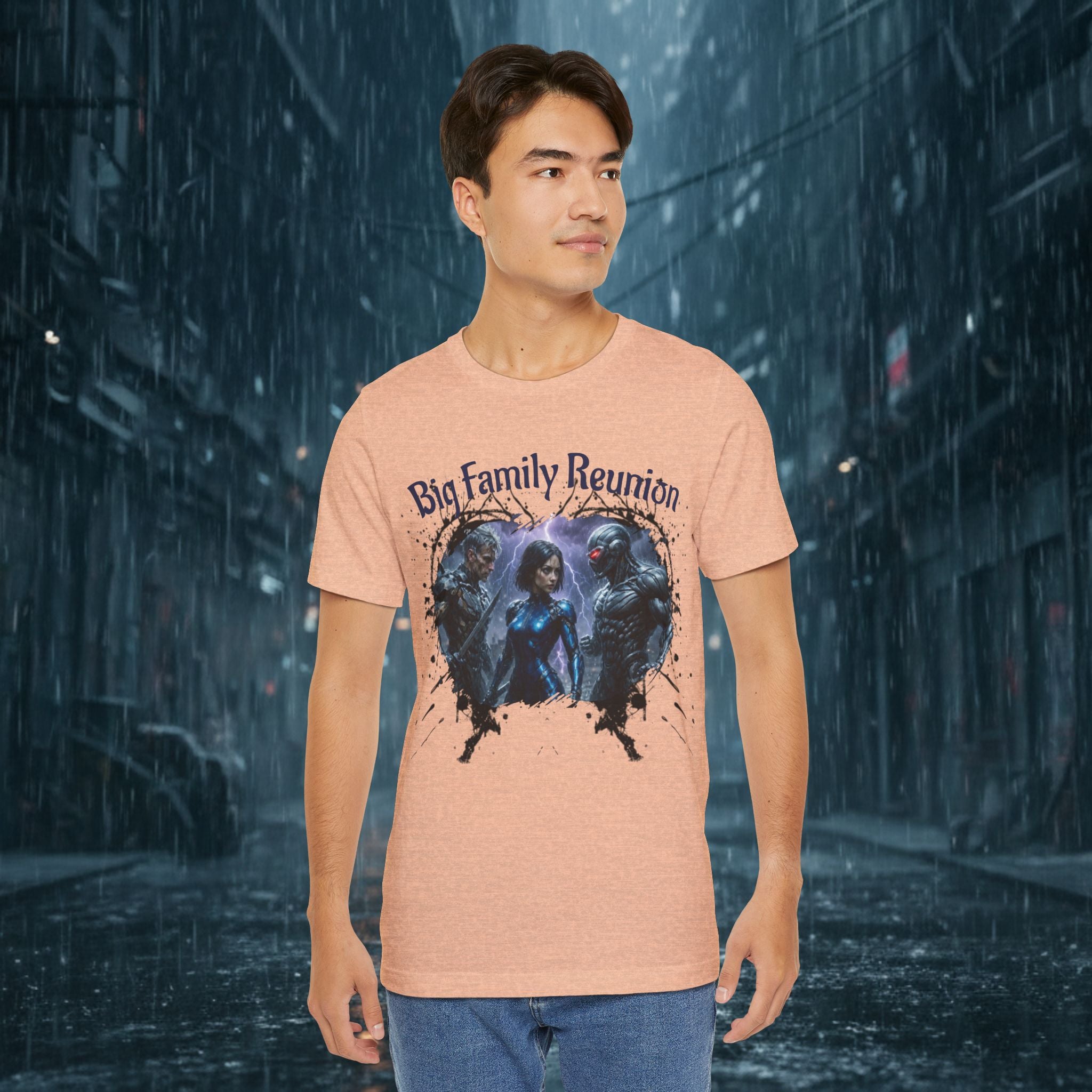 T-Shirt — "Big Family Reunion" Sci‑Fi Character Heart Graphic Tee - Battle Suits