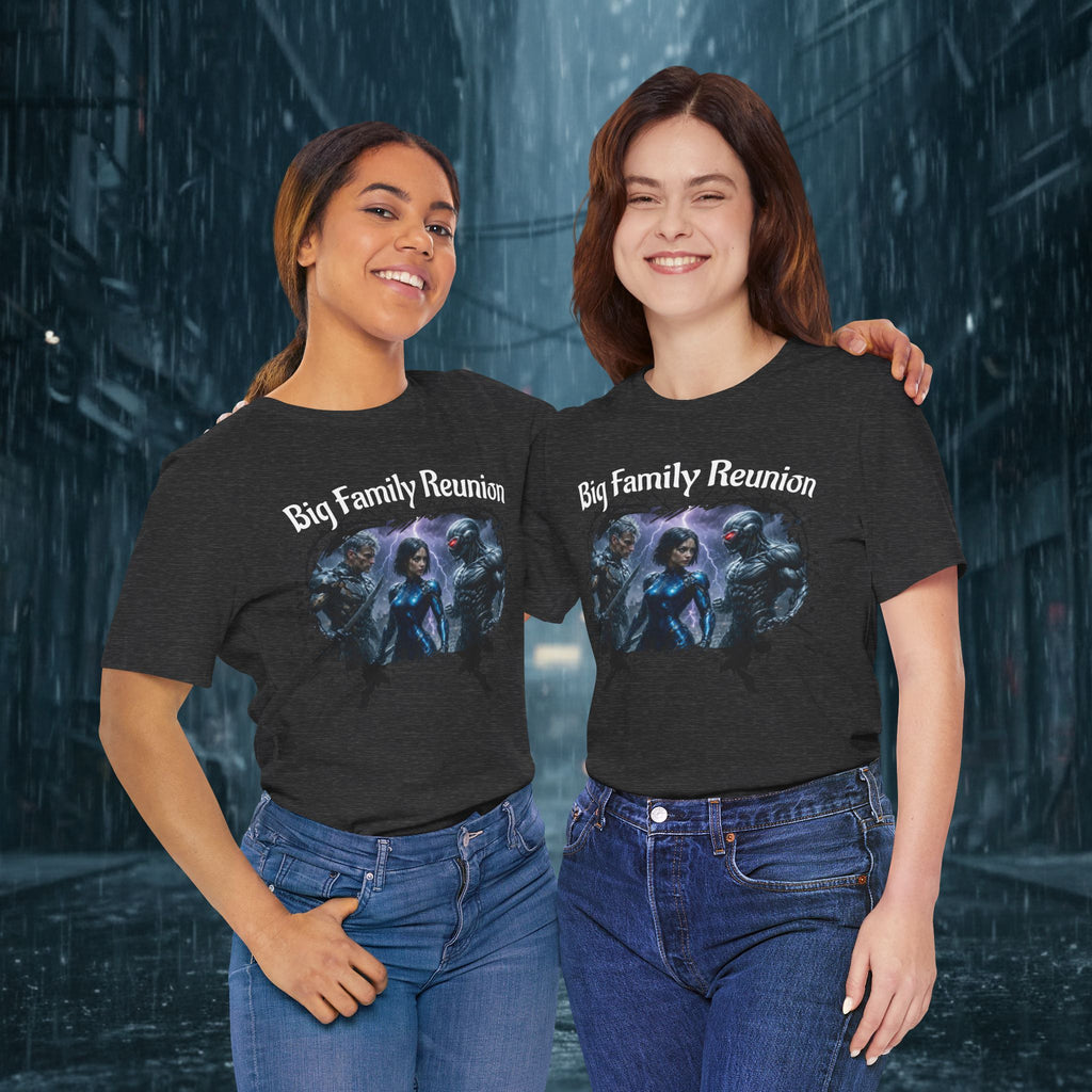 T-Shirt — "Big Family Reunion" Sci‑Fi Character Heart Graphic Tee - Battle Suits