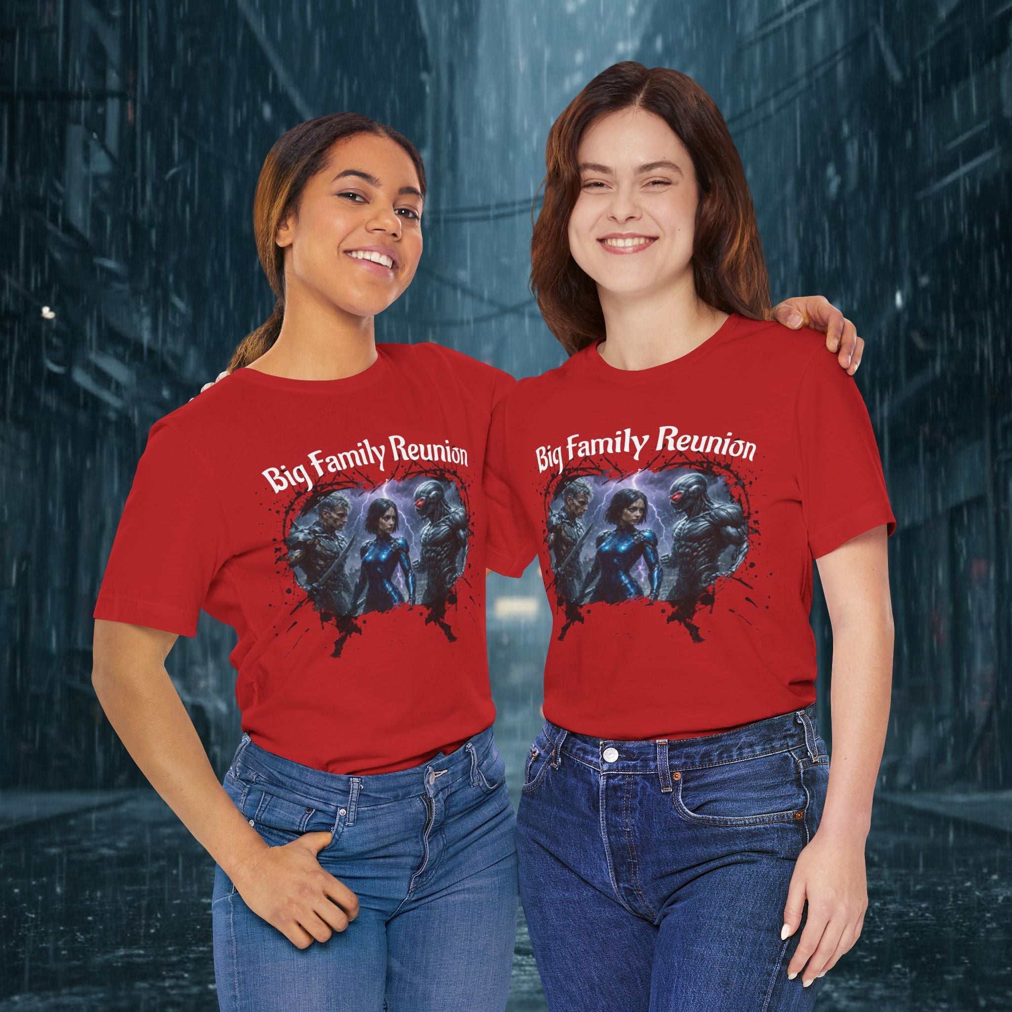 T-Shirt — "Big Family Reunion" Sci‑Fi Character Heart Graphic Tee - Battle Suits