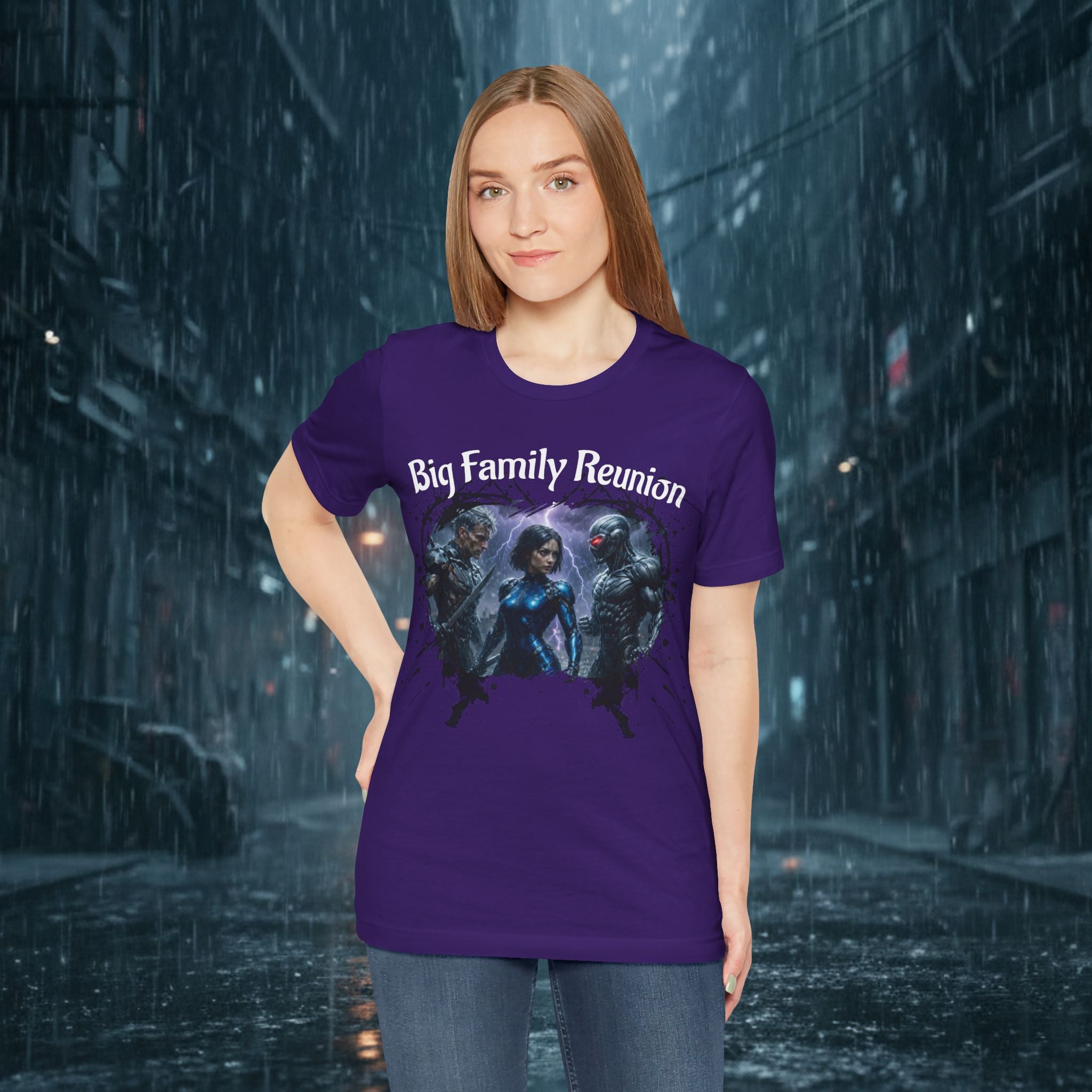 T-Shirt — "Big Family Reunion" Sci‑Fi Character Heart Graphic Tee - Battle Suits