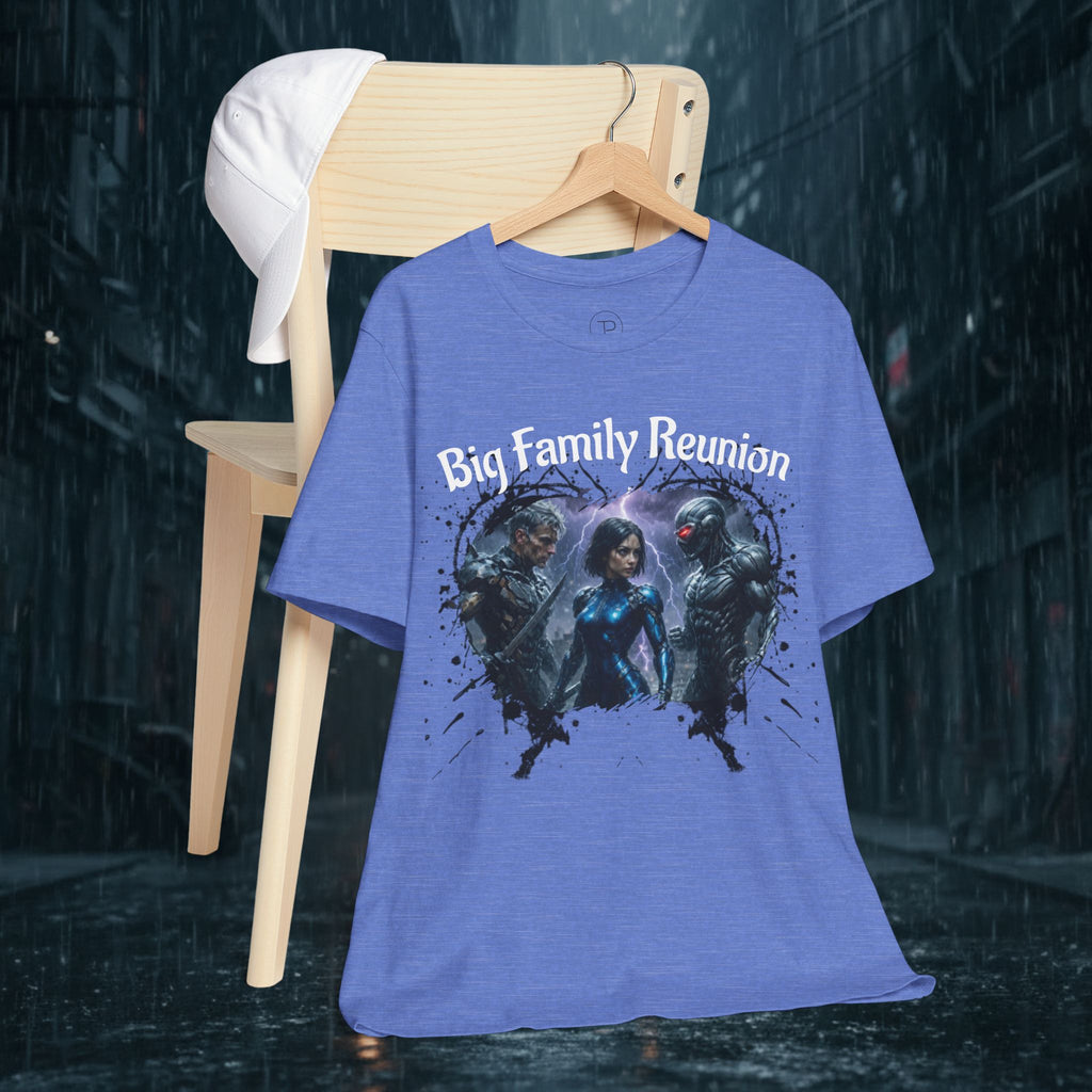 T-Shirt — "Big Family Reunion" Sci‑Fi Character Heart Graphic Tee - Battle Suits