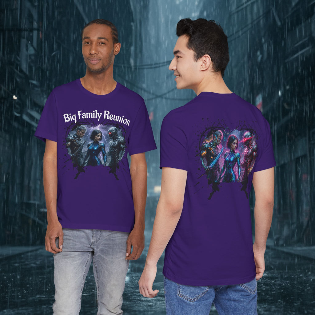 T-Shirt — "Big Family Reunion" Sci‑Fi Character Heart Graphic Tee - Battle Suits