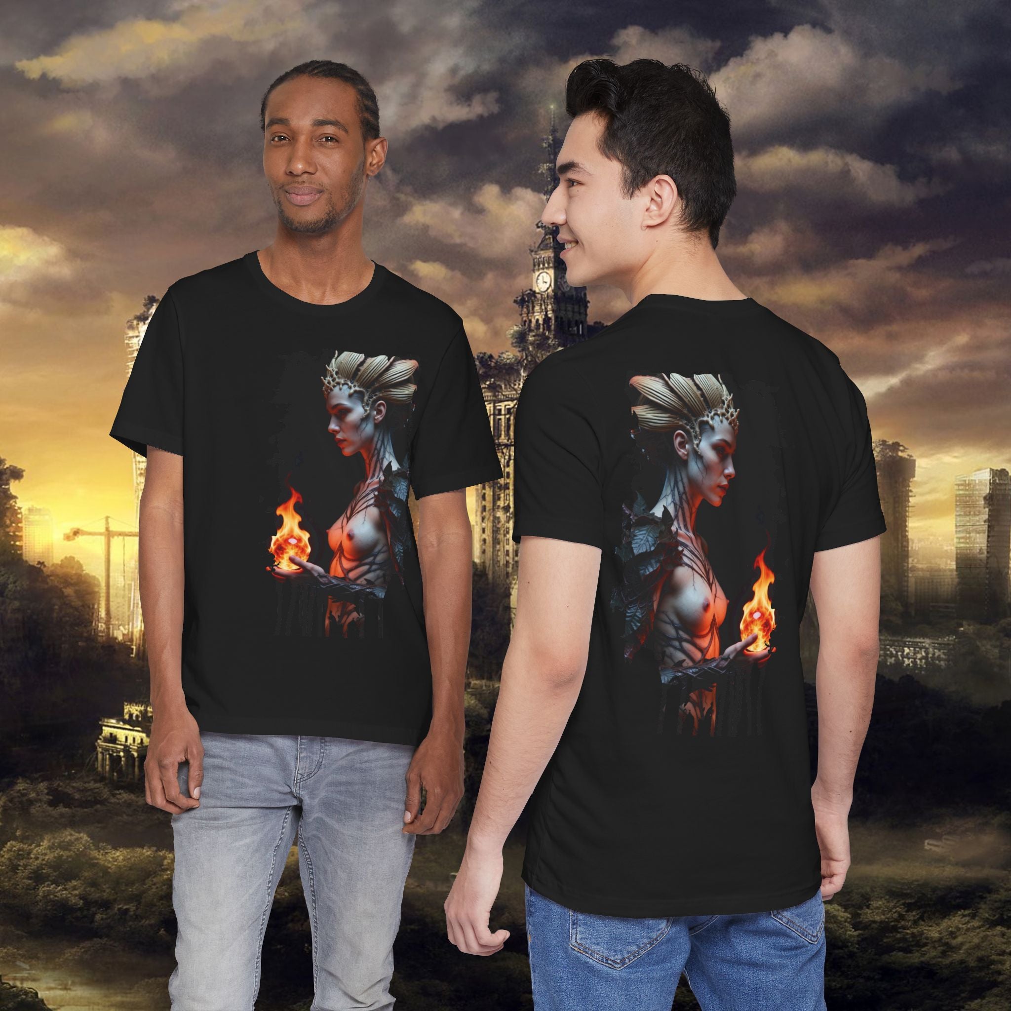 Mythic Fire Goddess T‑Shirt — Fantasy Portrait Tee with Flaming Orb - Alexia Ashford Side Face