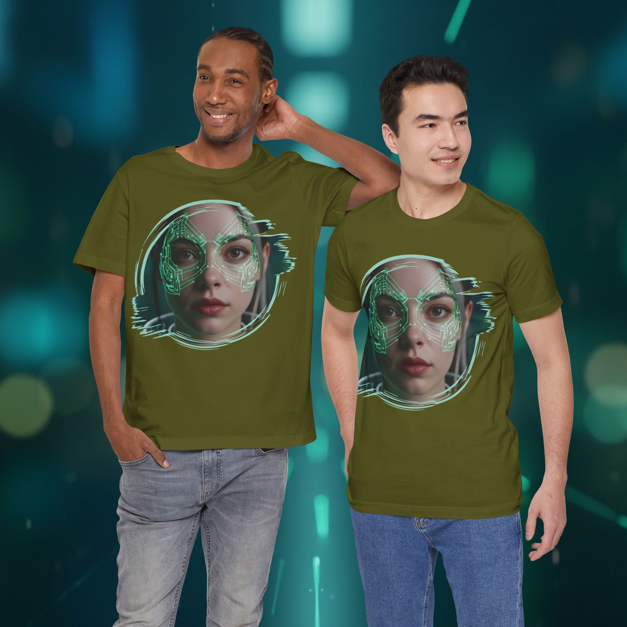 Cybernetic Portrait Tee — Futuristic Neon Circuit Face Graphic Shirt - Green Cyborg Woman
