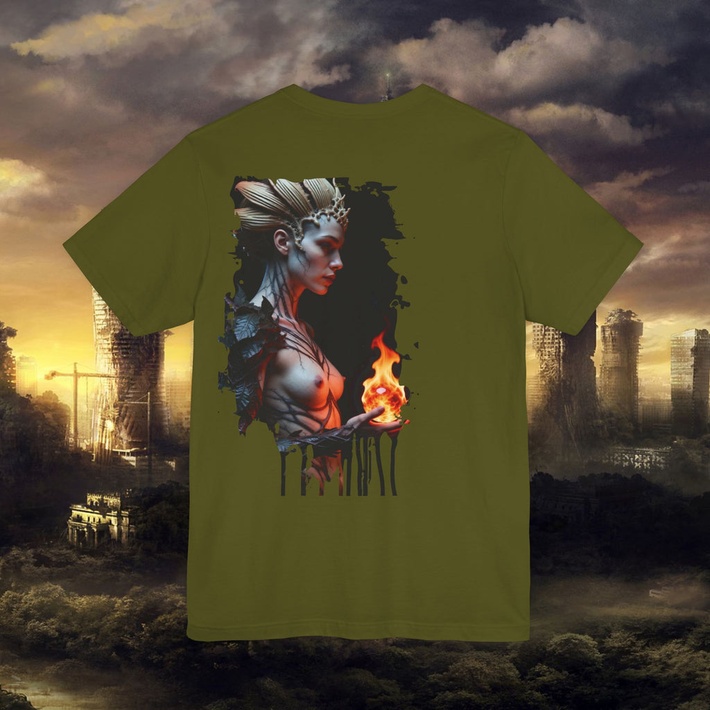Mythic Fire Goddess T‑Shirt — Fantasy Portrait Tee with Flaming Orb - Alexia Ashford Side Face