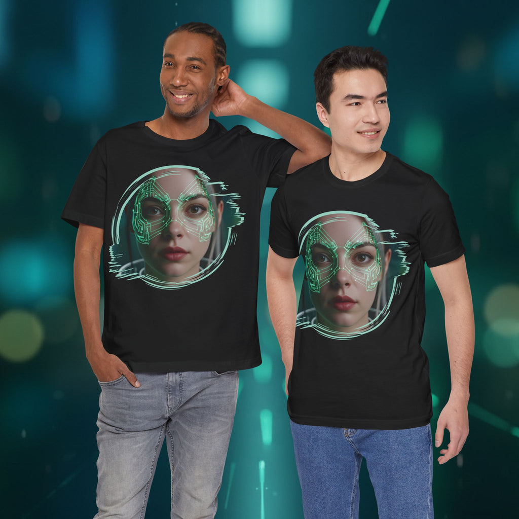 Cybernetic Portrait Tee — Futuristic Neon Circuit Face Graphic Shirt - Green Cyborg Woman